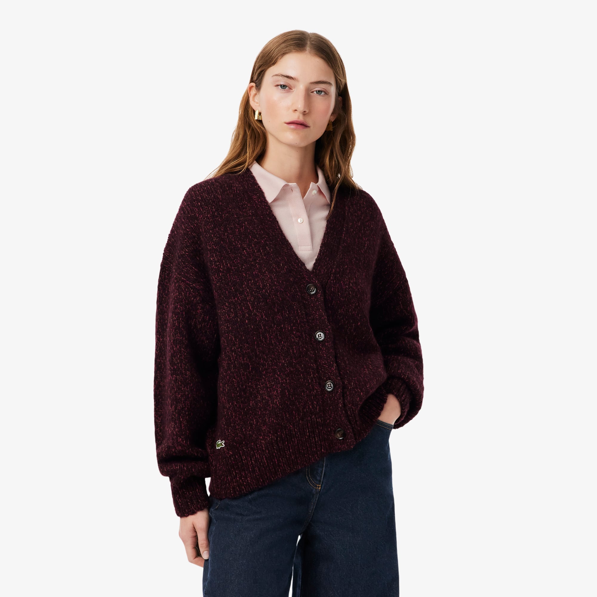 Lacoste Mercerized Knit Wool Cardigan - L (40) In Red