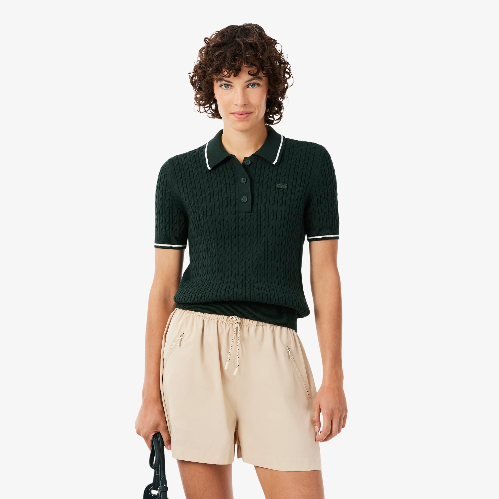 Striped Cable Knit Polo Collar Sweater