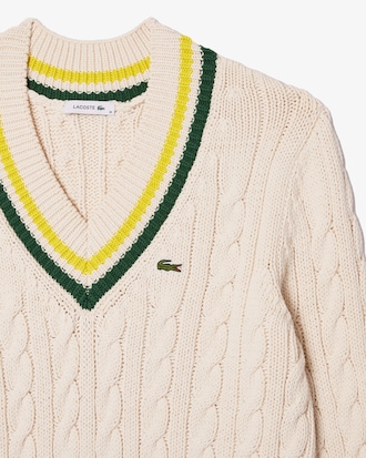 Women's V-Neck Cable Knit Cotton Tennis Sweater