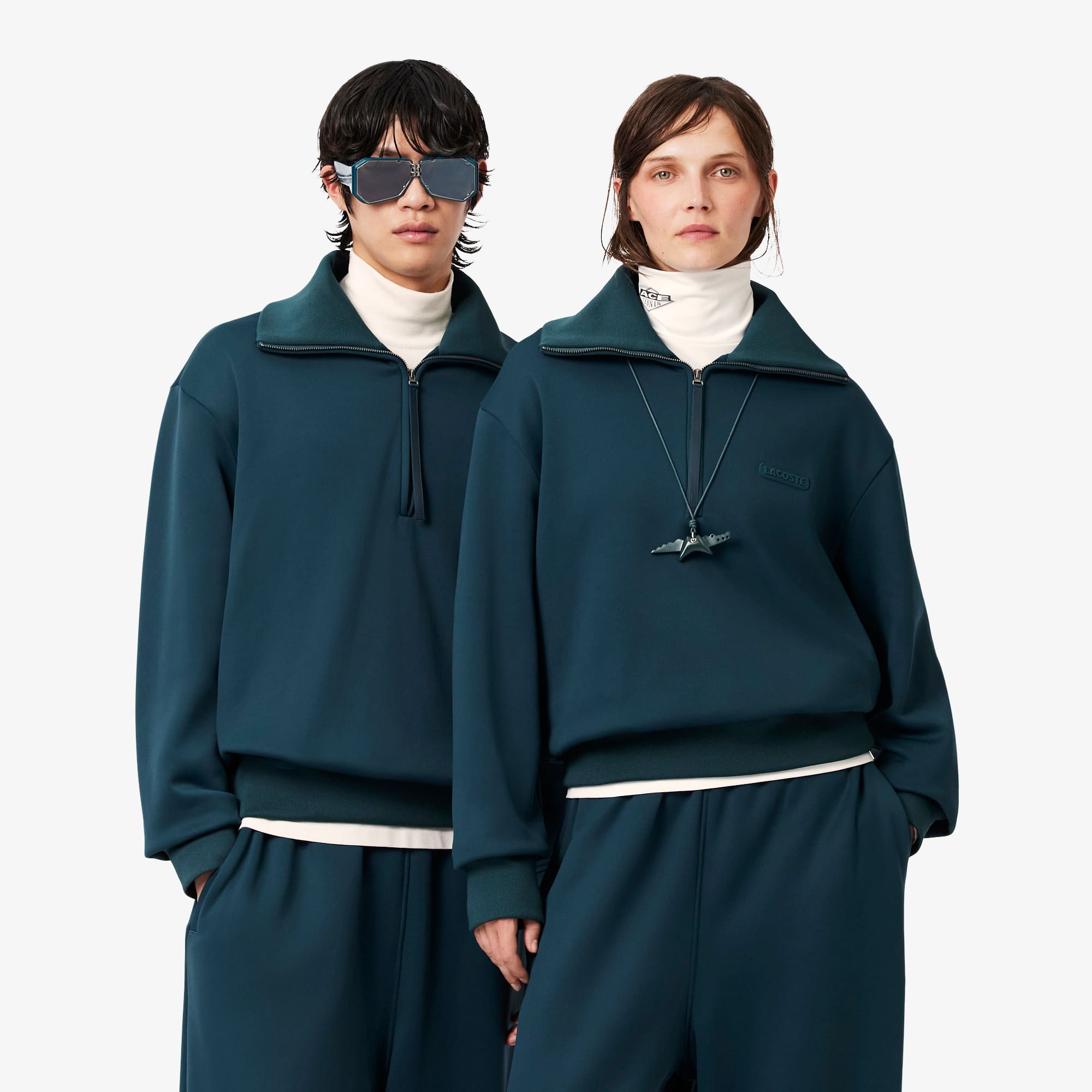 Lacoste Runway High Neck Zipped Satin Sweatshirt - M In Blue