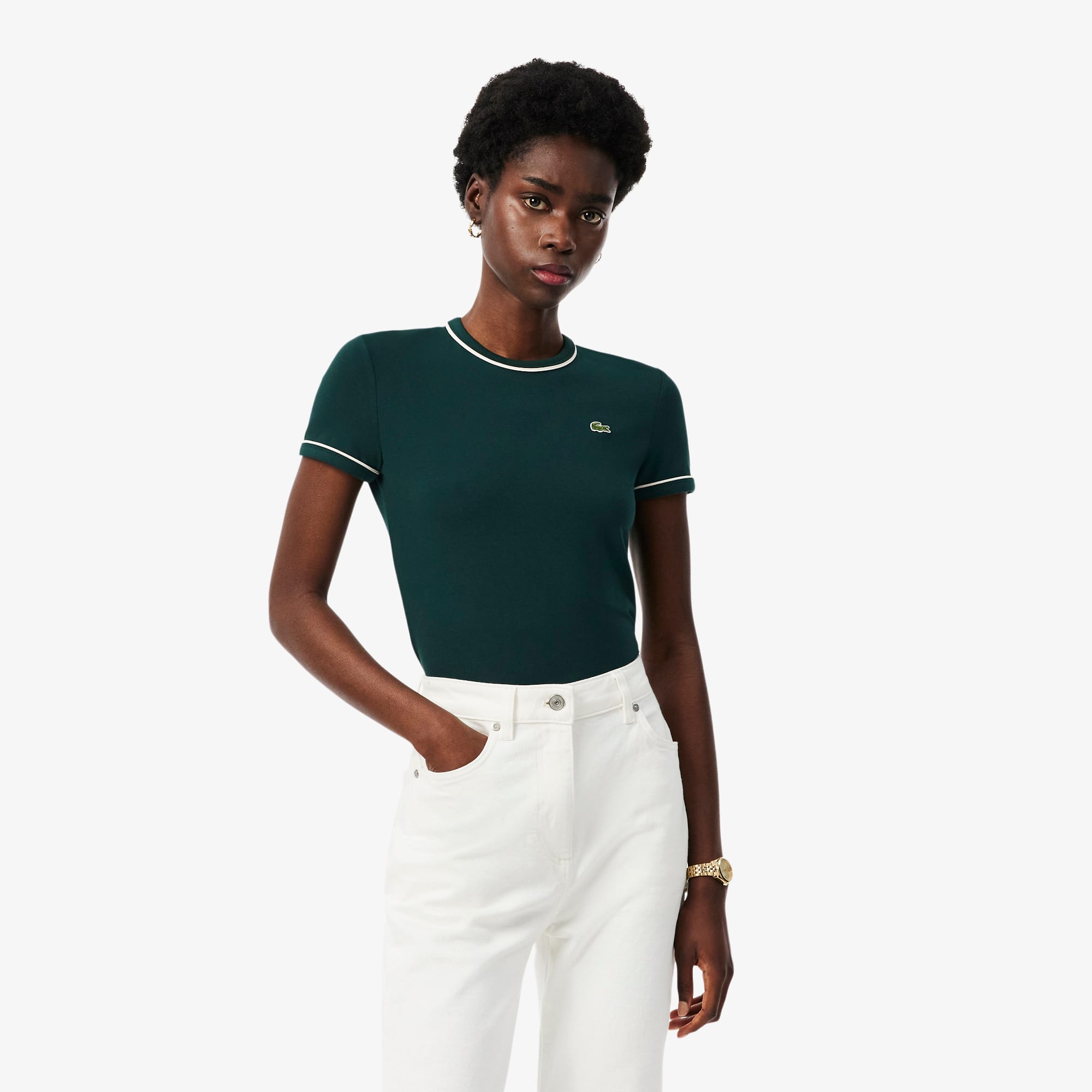 Lacoste Women's Contrast Trim Jersey T-shirt - S (36) In Green
