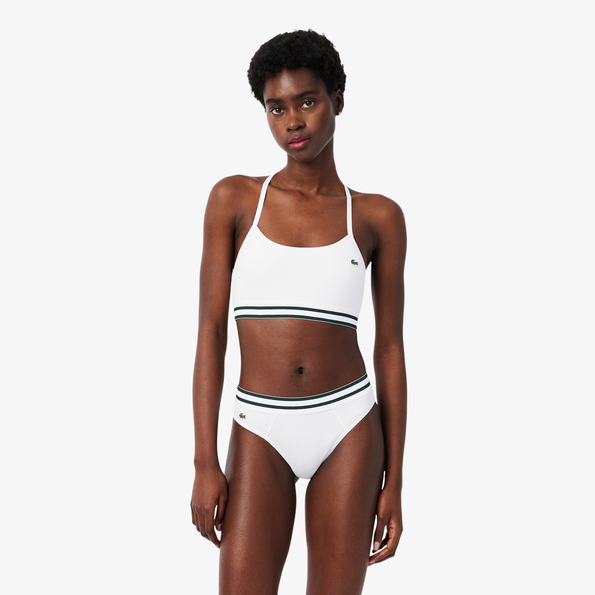Lacoste Ribbed Cotton Bralette - Xl In White