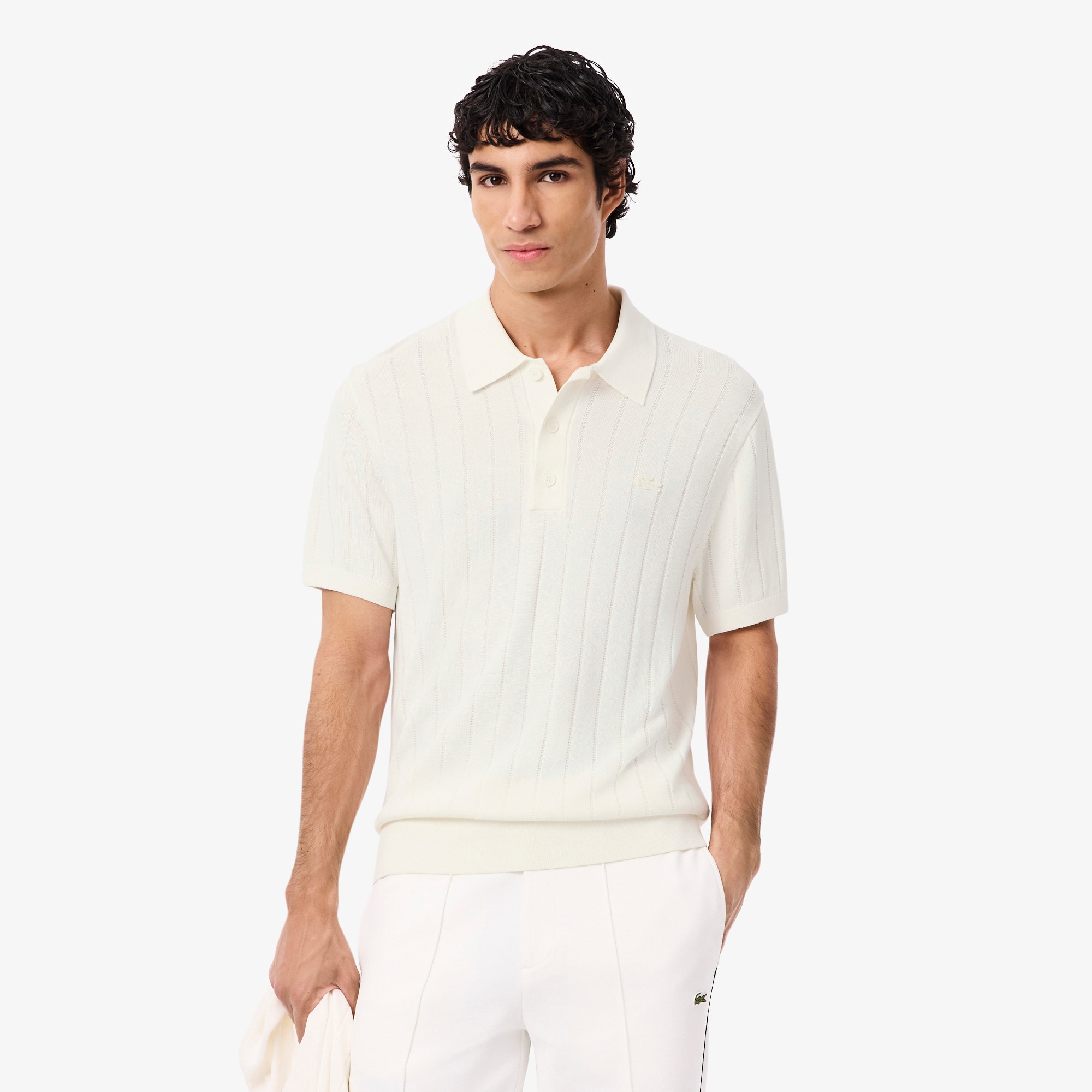 Lacoste Men's Fluid Ribbed Knit Polo Collar Sweater - L - 5 In White