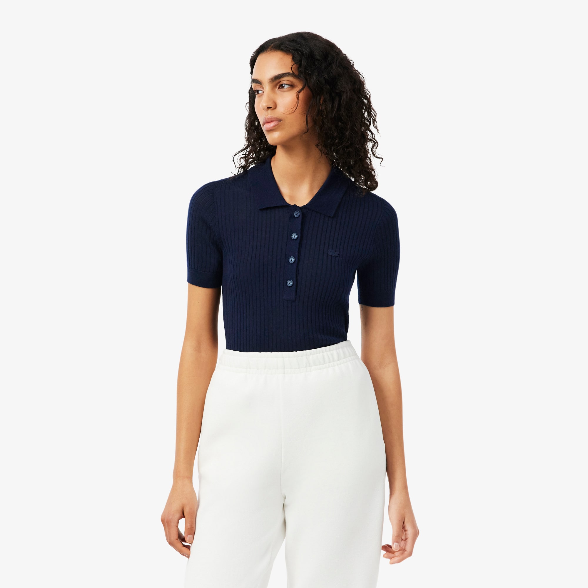 3D Rib Knit Polo Collar Merino Wool Sweater - Sweaters