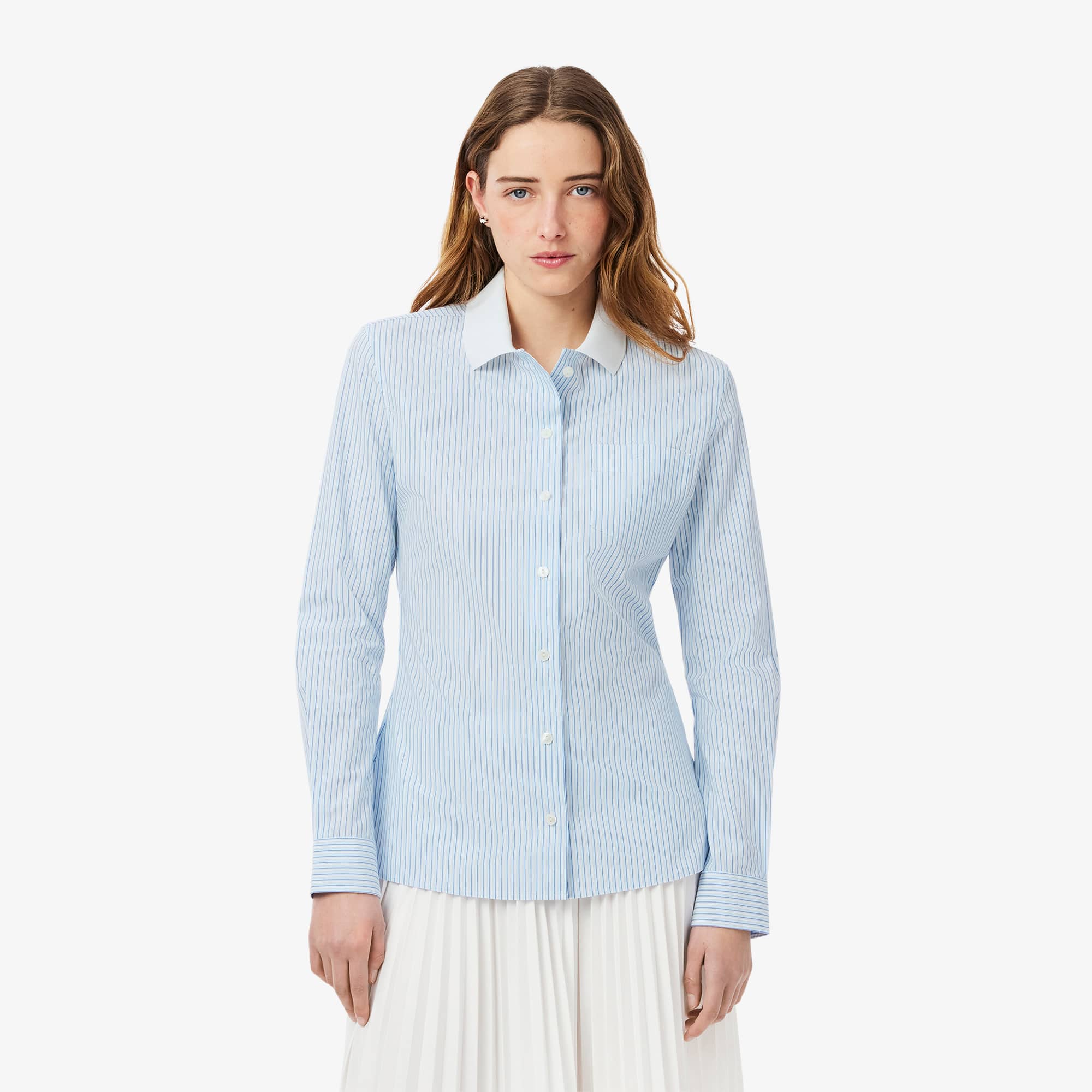 Lacoste Women's Slim Fit Stretch Poplin Shirt - 38 In Blue