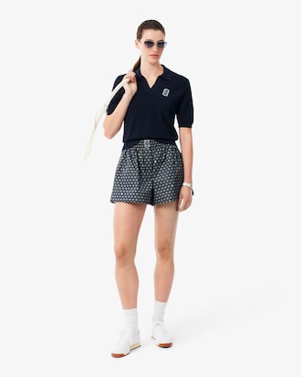 Regular Fit Open Neck Badge Accent Knit Polo Shirt