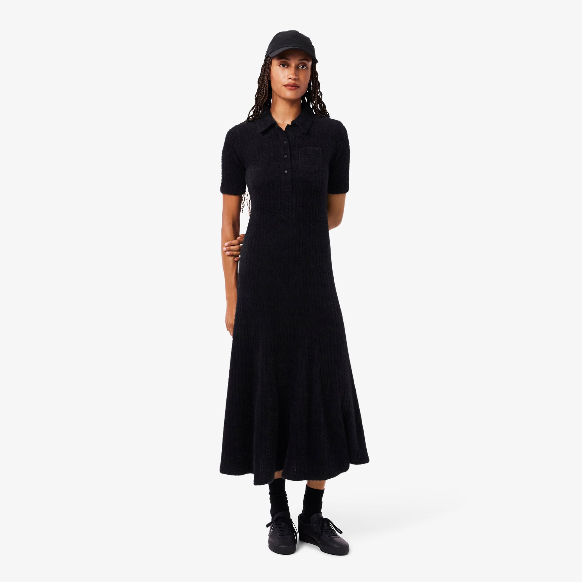 Lacoste Women's Fuzzy Ribbed Knit Polo Collar Dress - Xl In Black