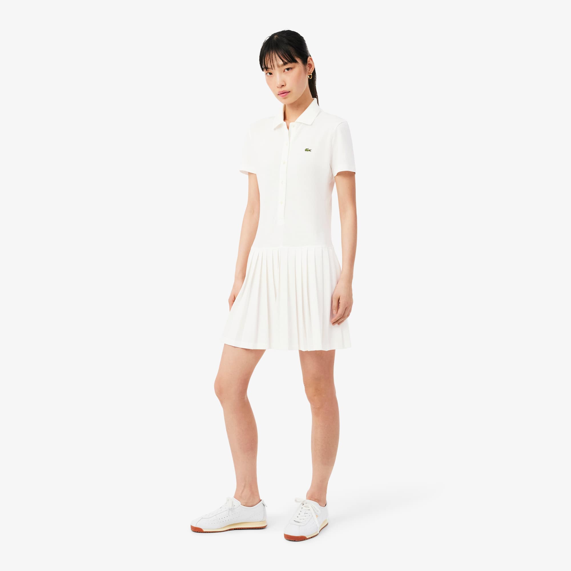 Lacoste Stretch Piqué Pleated Polo Dress - 36 In White