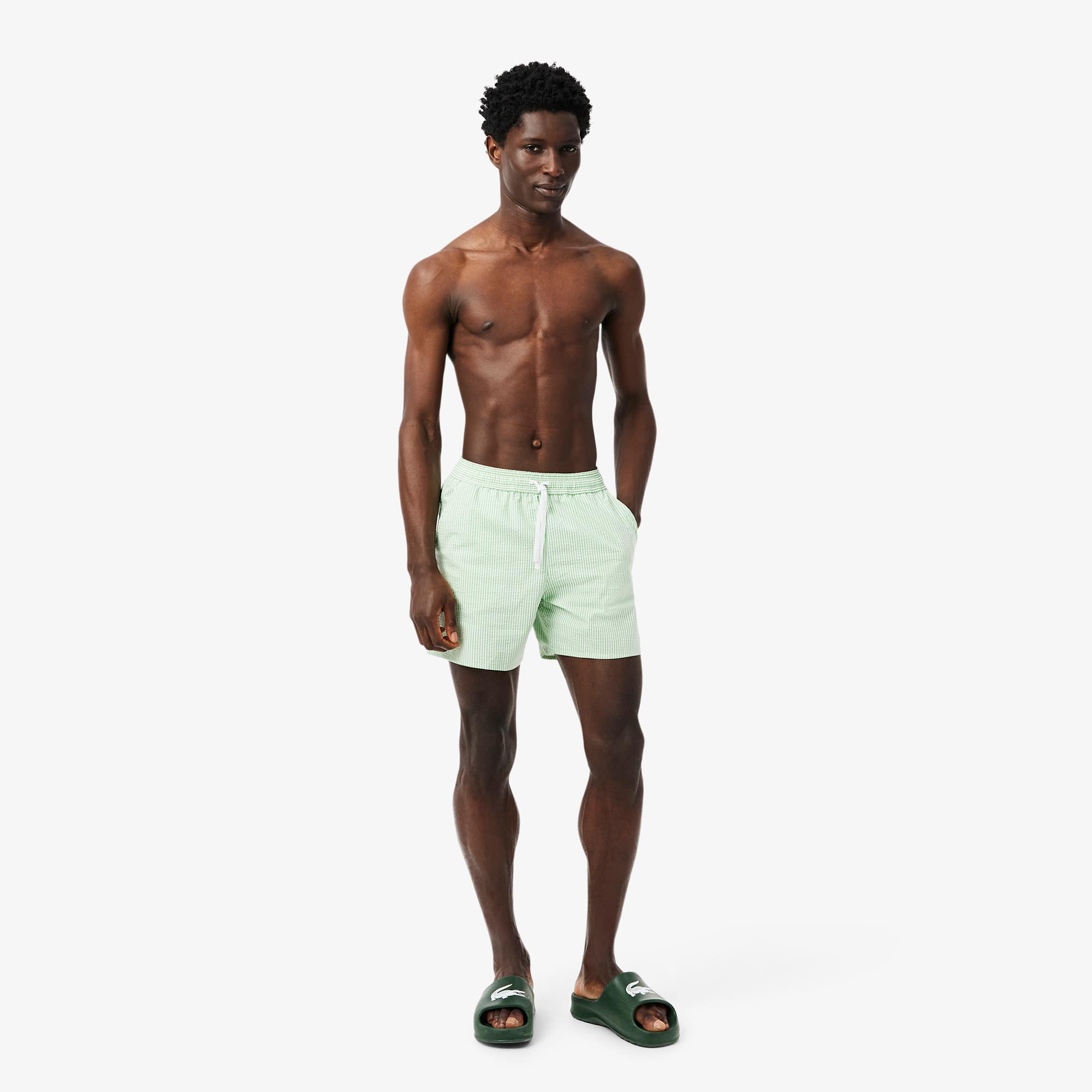 Lacoste Men's Mid Length Striped Textured Swim Trunks