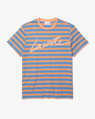 Men&rsquo;s Crew Neck Print Lettering Striped Cotton T-shirt