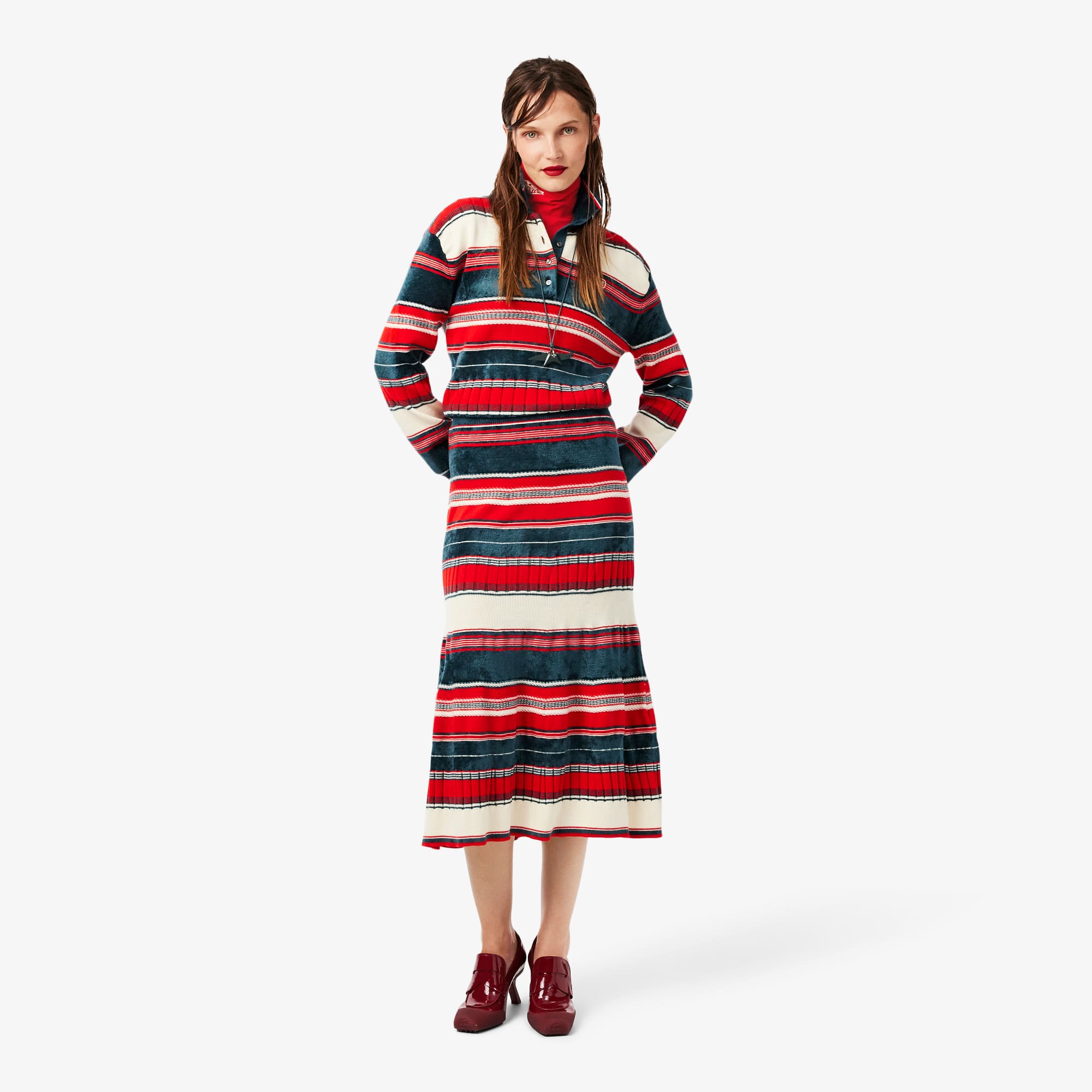 Lacoste Runway Striped Polo Collar Maxi Dress In Red