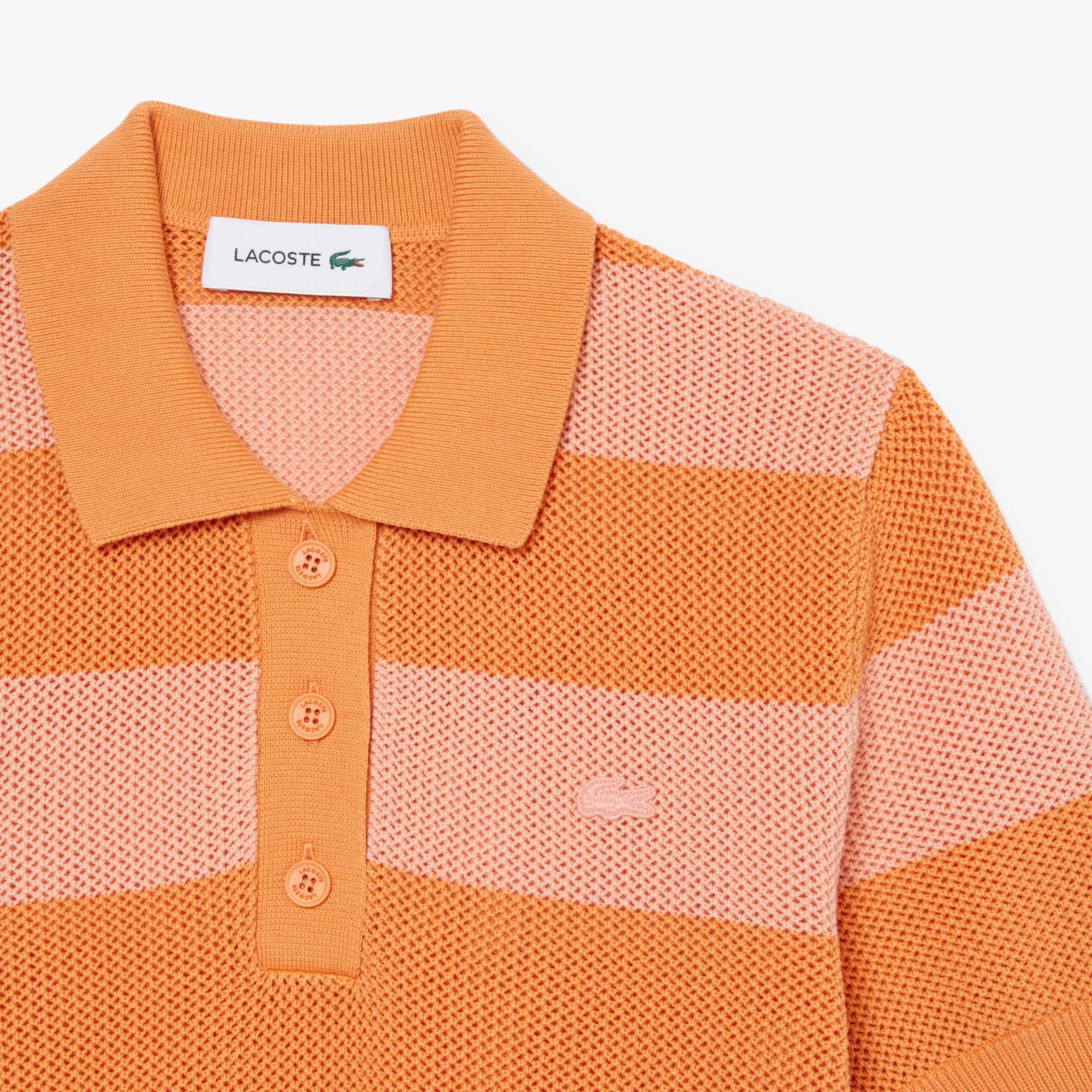 Striped Mesh Knit Polo Collar Sweater - Sweaters & Sweatshirts