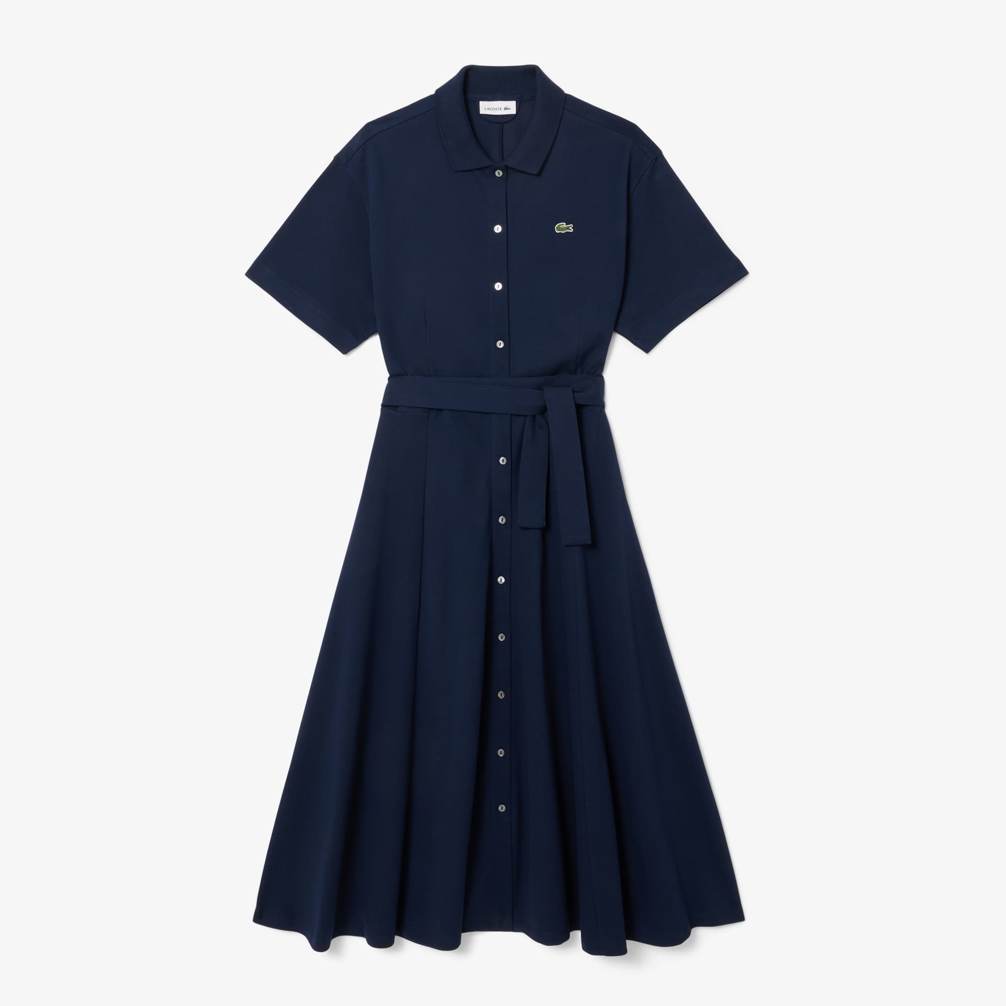 ★LACOSTE★ Women's Fit and Flare Belted Polo Dress Gracie B Lacoste Women's Flared Mini Pique Polo Dress, Navy Blue, 0