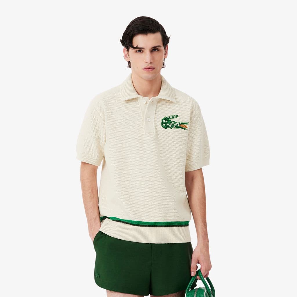Runway Floral Crocodile Polo Collar Piqué Sweater - undefined