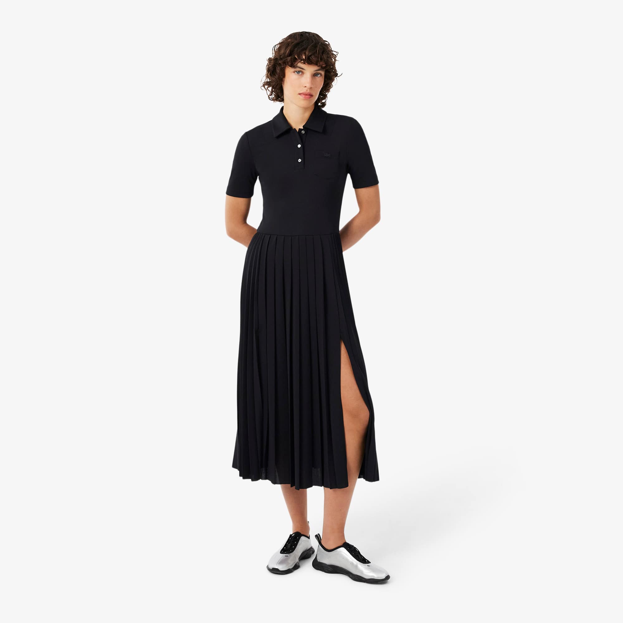 Lacoste Pleated Fluid Jersey Polo Collar Dress - Xl (42) In Black