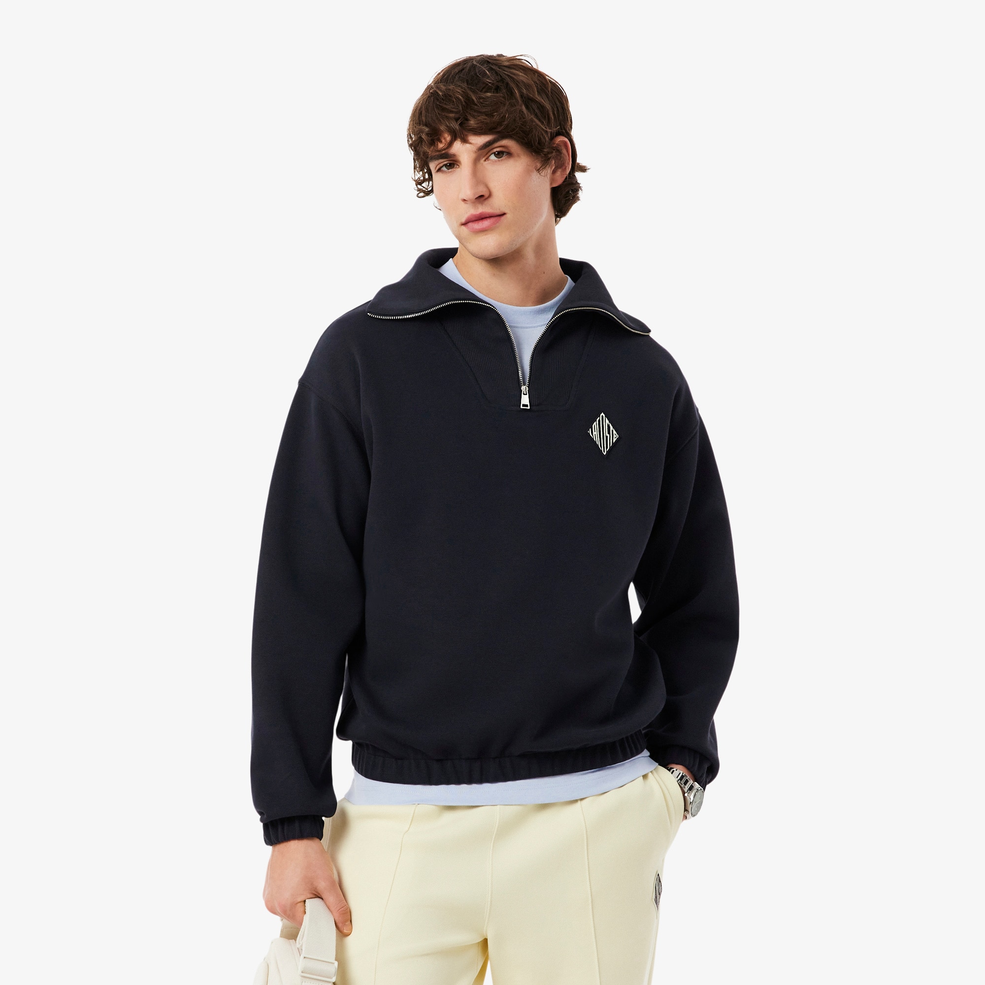 Lacoste Loose Fit Zipped Neck Piqué Sweatshirt - M In Black
