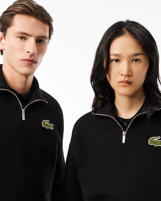 Unisex Loose Fit Badge Accent Half-Zip Sweatshirt