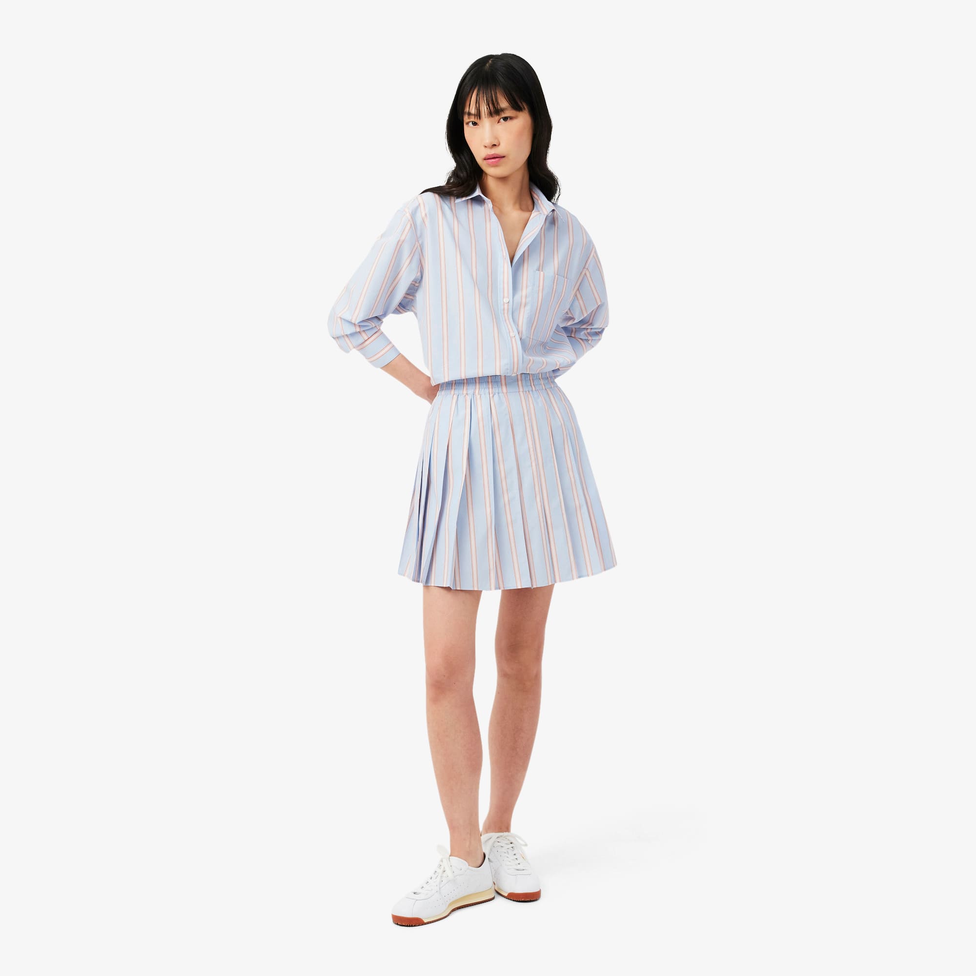 Lacoste Poplin Short Striped Pleated Skirt - 42 In Blue