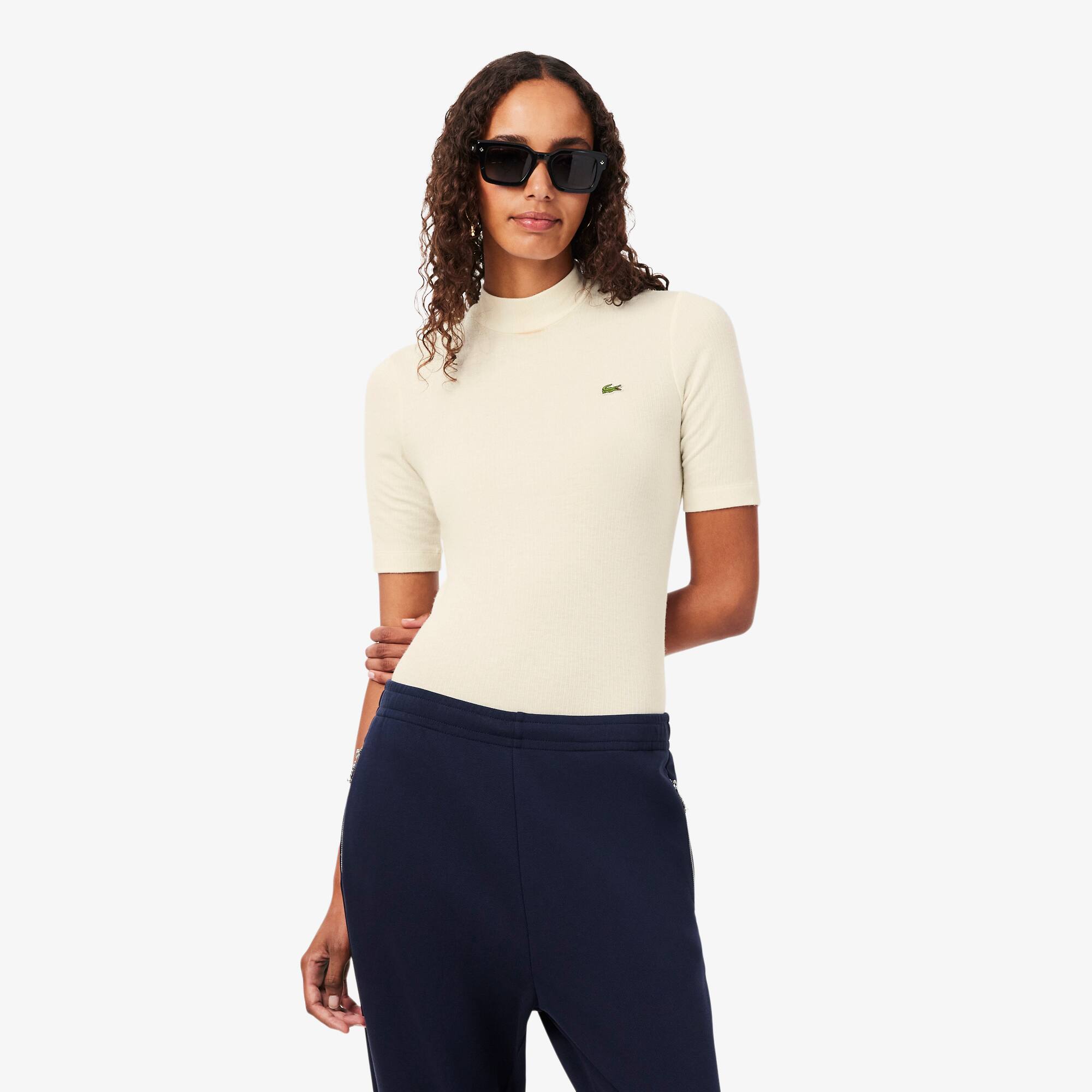 Slim Fit High Neck Rib Knit Wool T-shirt