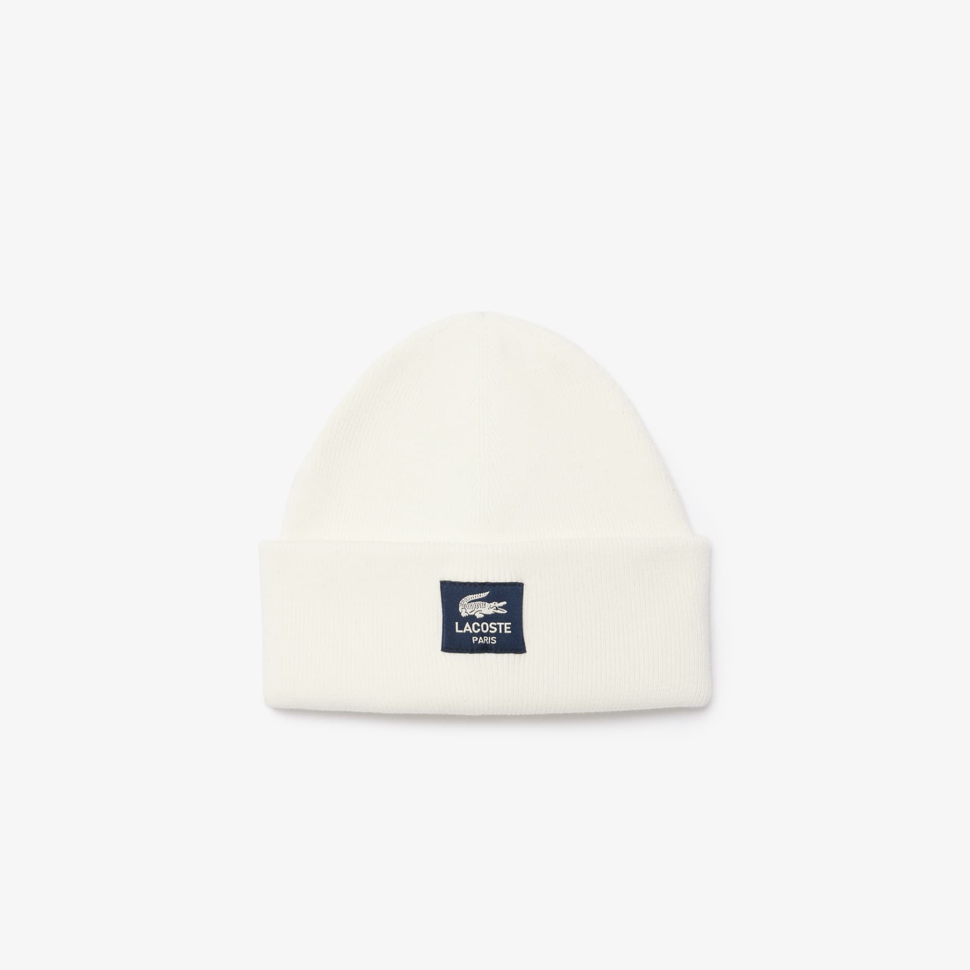 Lacoste Unisex Ribbed Cotton Badge Beanie - One Size In White