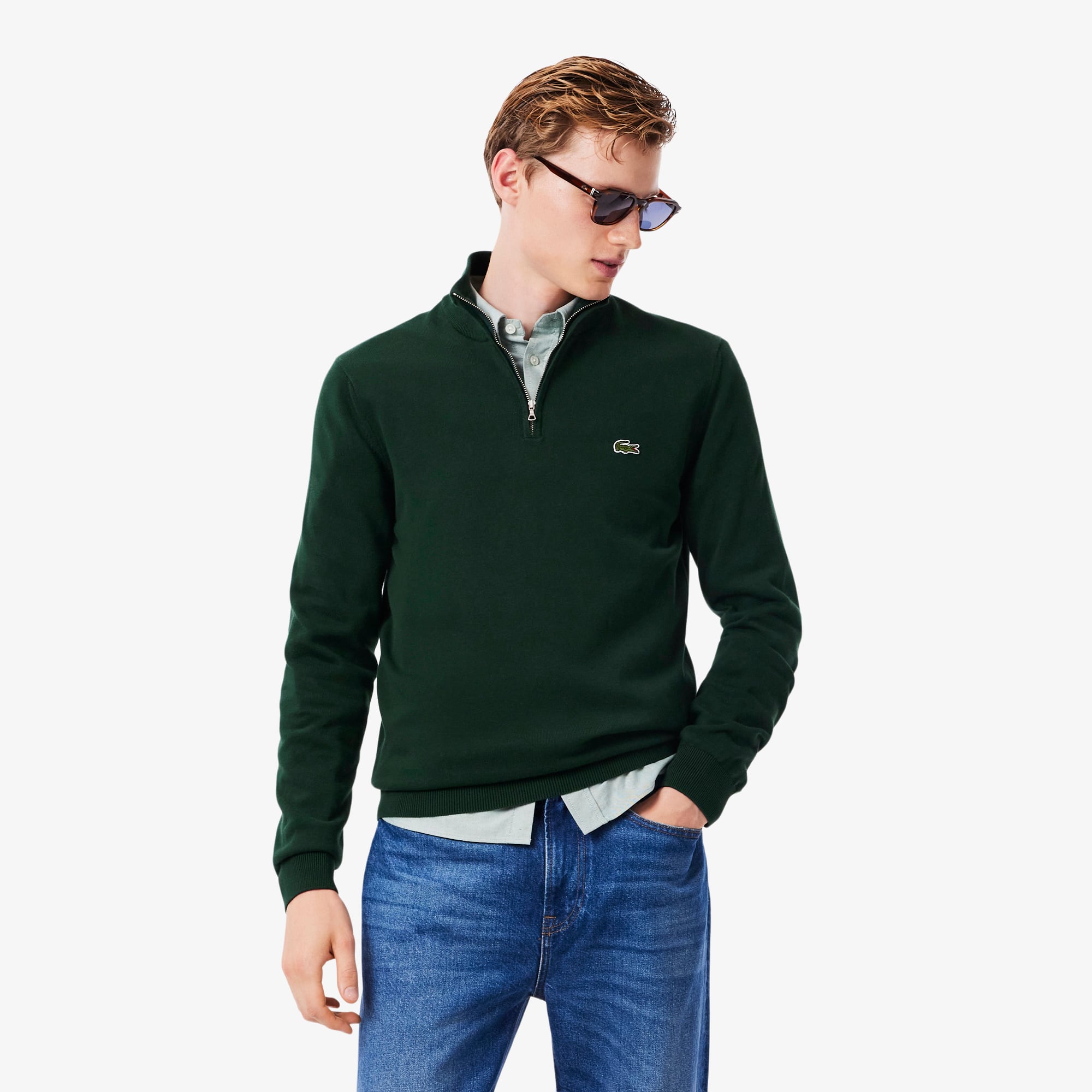 LACOSTE ブルゾン　ネイビー グリーン Men's Zip-Up High-Neck Cotton Sweater - Sweaters