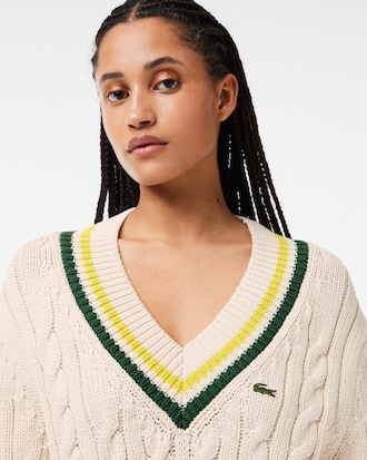 Women's V-Neck Cable Knit Cotton Tennis Sweater