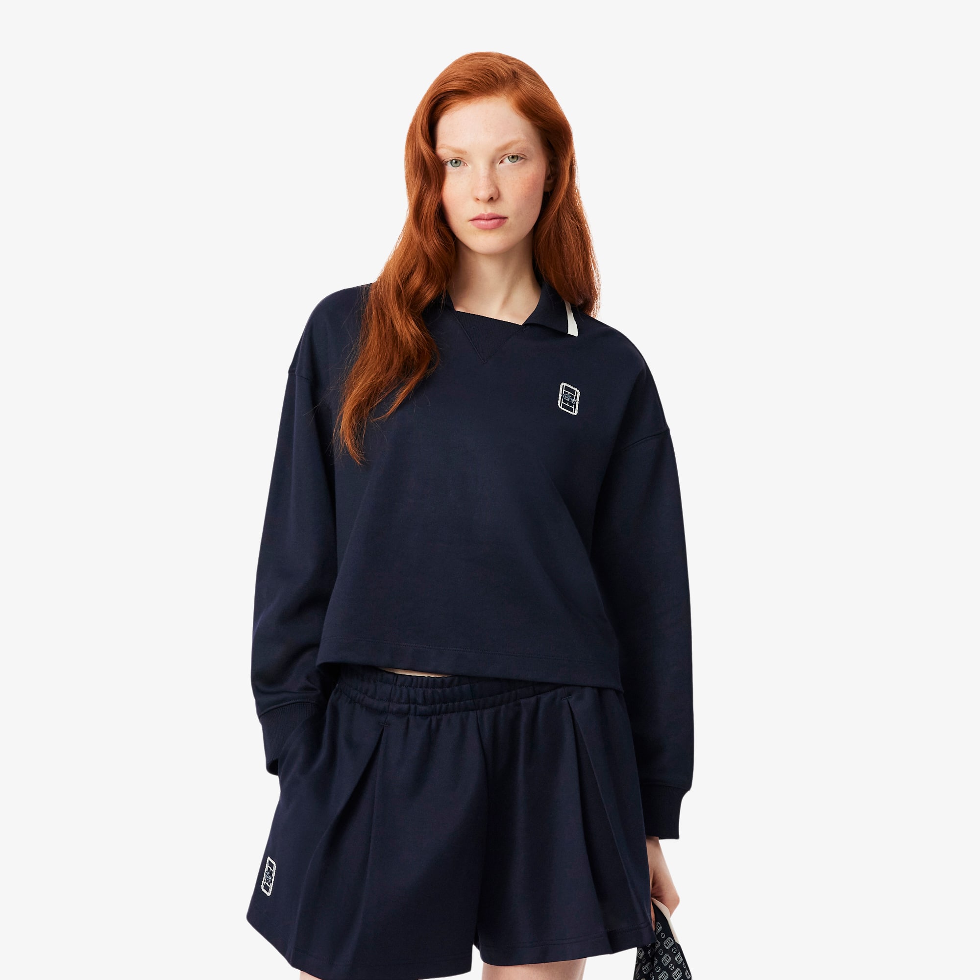 Lacoste Oversized Polo Collar Piqué Sweatshirt - L (40) In Blue