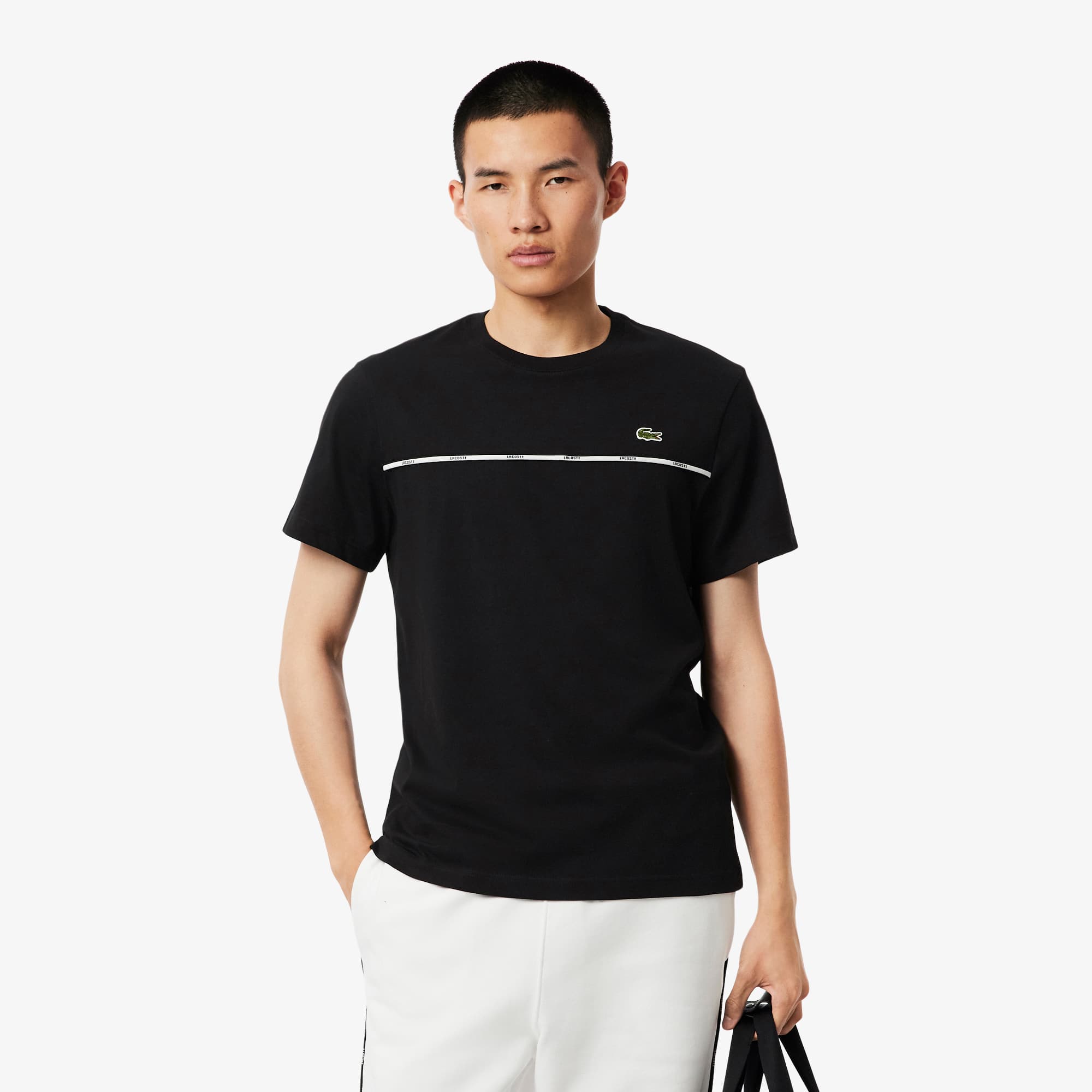 【送料&関税込】Lacoste Black Cotton Jersey T-shirt Lacoste BLACK Men's Cotton Jersey Signature Print T-Shirt
