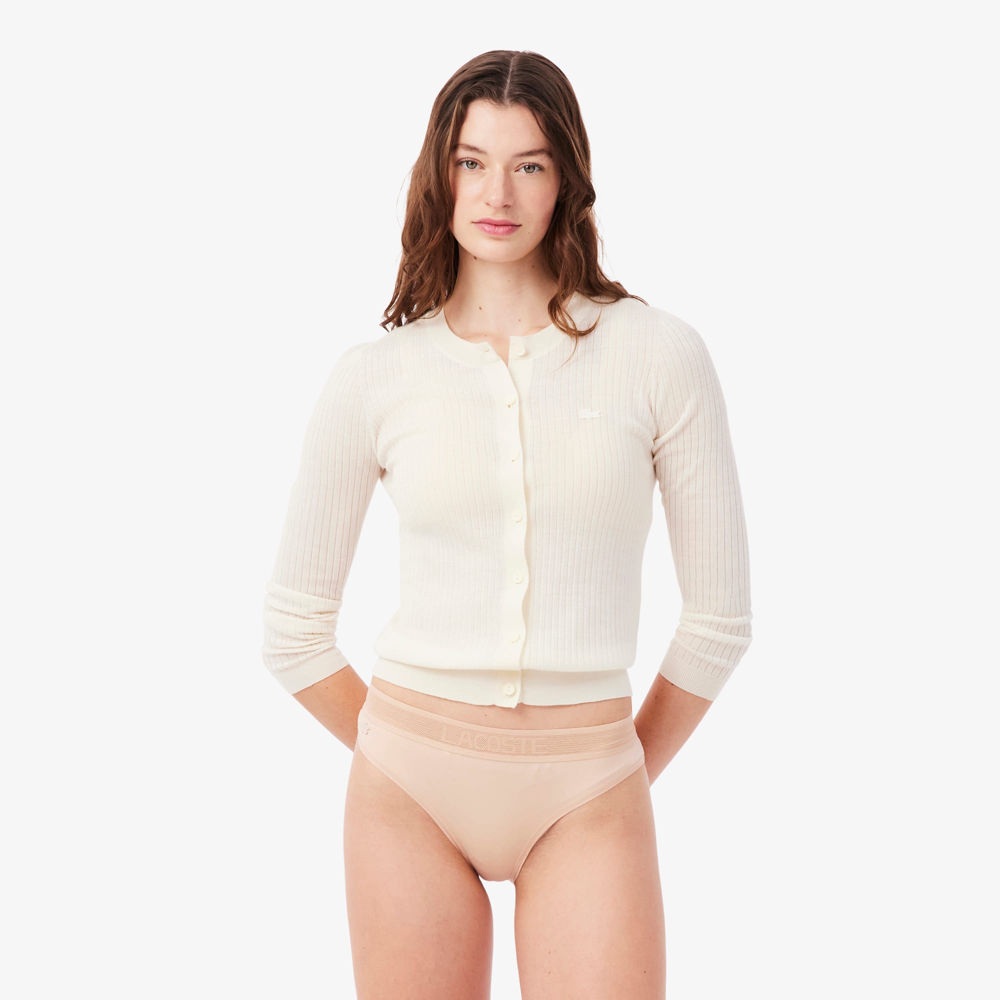 Lacoste Logo Waist Mesh Briefs In Neutral