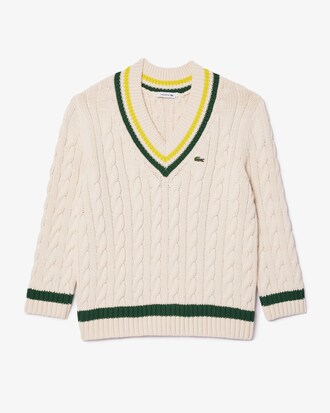 Women's V-Neck Cable Knit Cotton Tennis Sweater