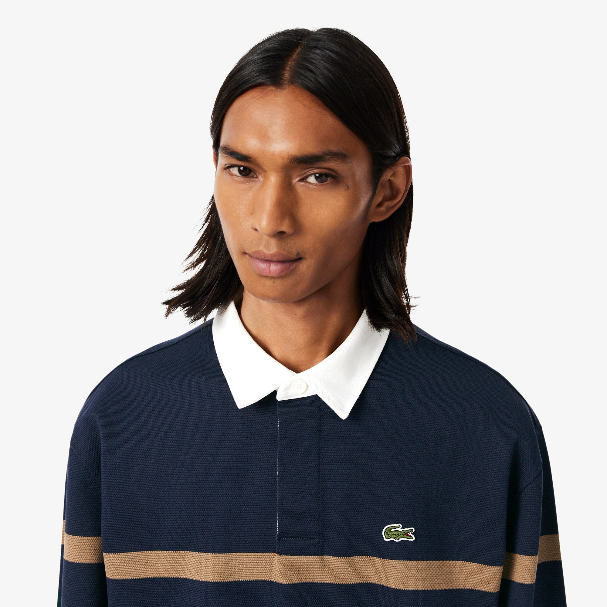 Relaxed Fit Striped Piqué Rugby Polo Shirt
