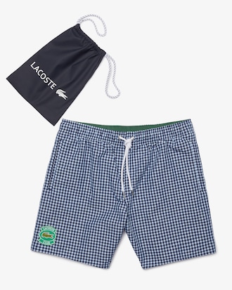 Men&rsquo;s Mid-Length Gingham Check Cotton Blend Swimming Trunks