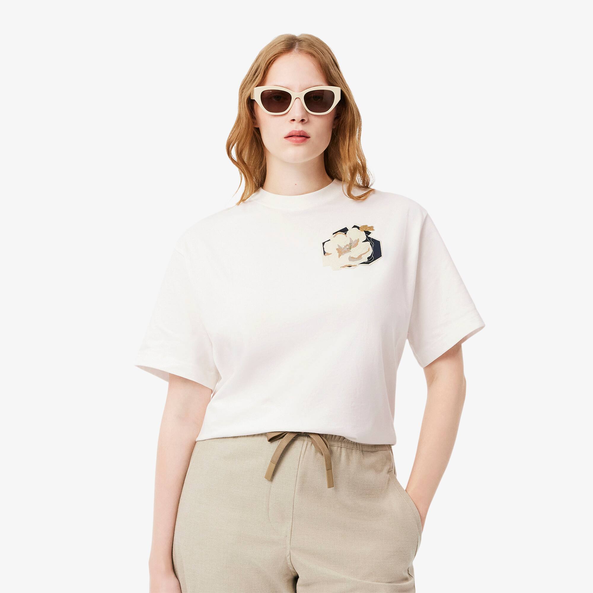 Tシャツ・カットソー LACOSTE Woman T-Shirt White PF5179 522 Women's Oversized Flower Print Cotton T-Shirt - T-Shirts