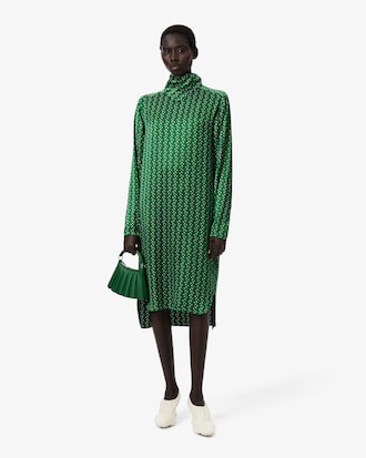 Runway Printed Satin Scarf Neck Dress