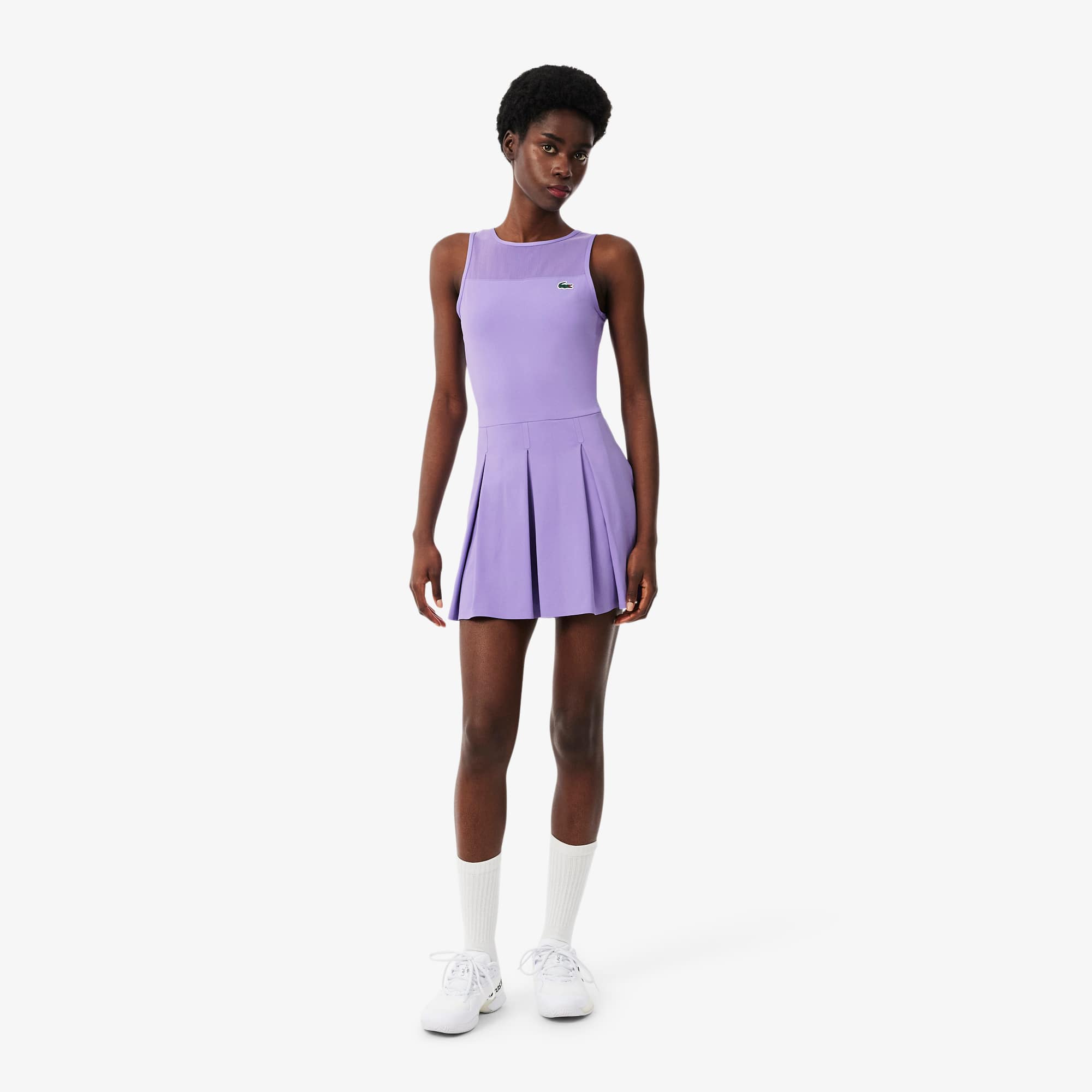 Lacoste Dual Fabric Pleated Stretch Tennis Dress - L (40) In Purple