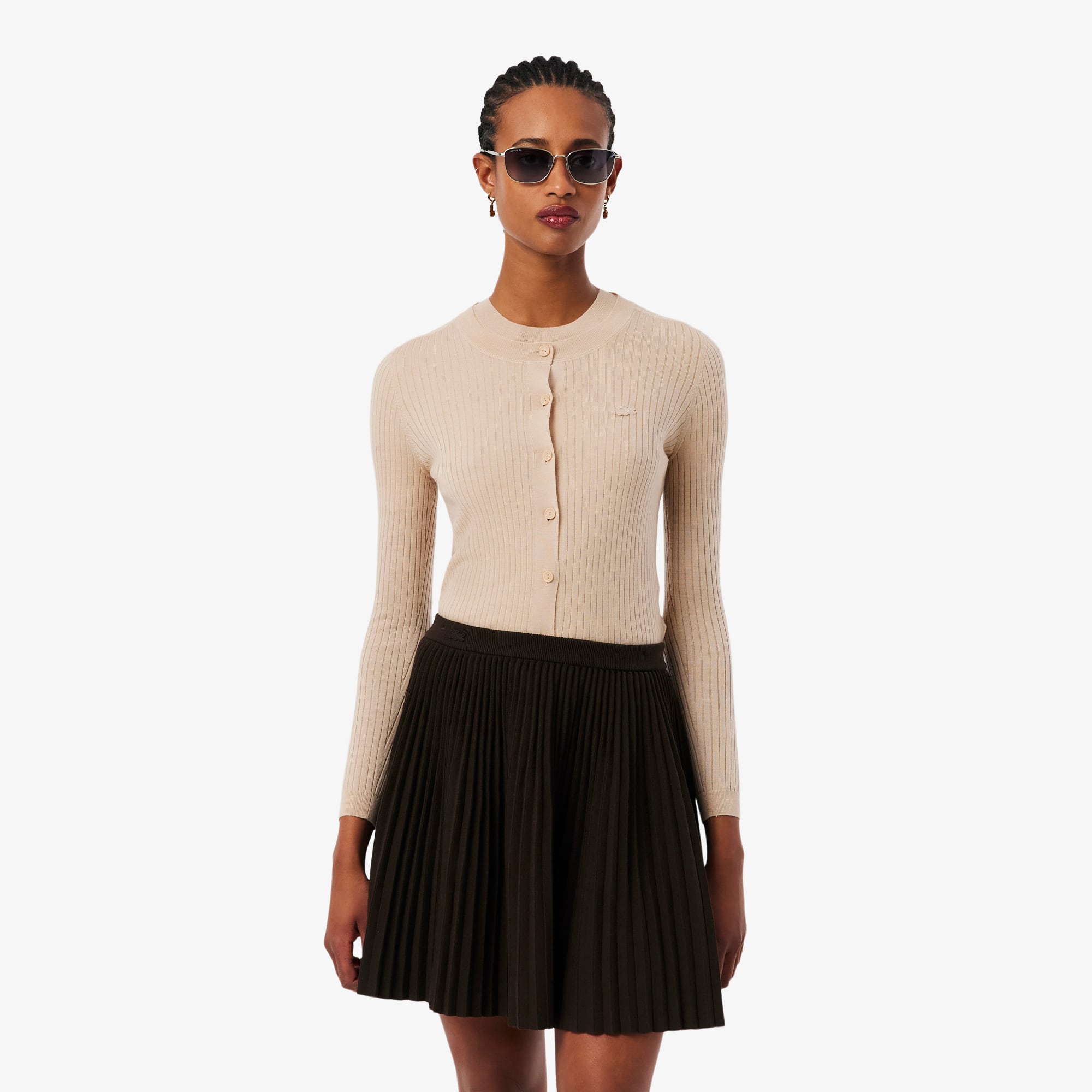 Lacoste Women's Rib Knit Merino Wool Cardigan - 34 In Neutral