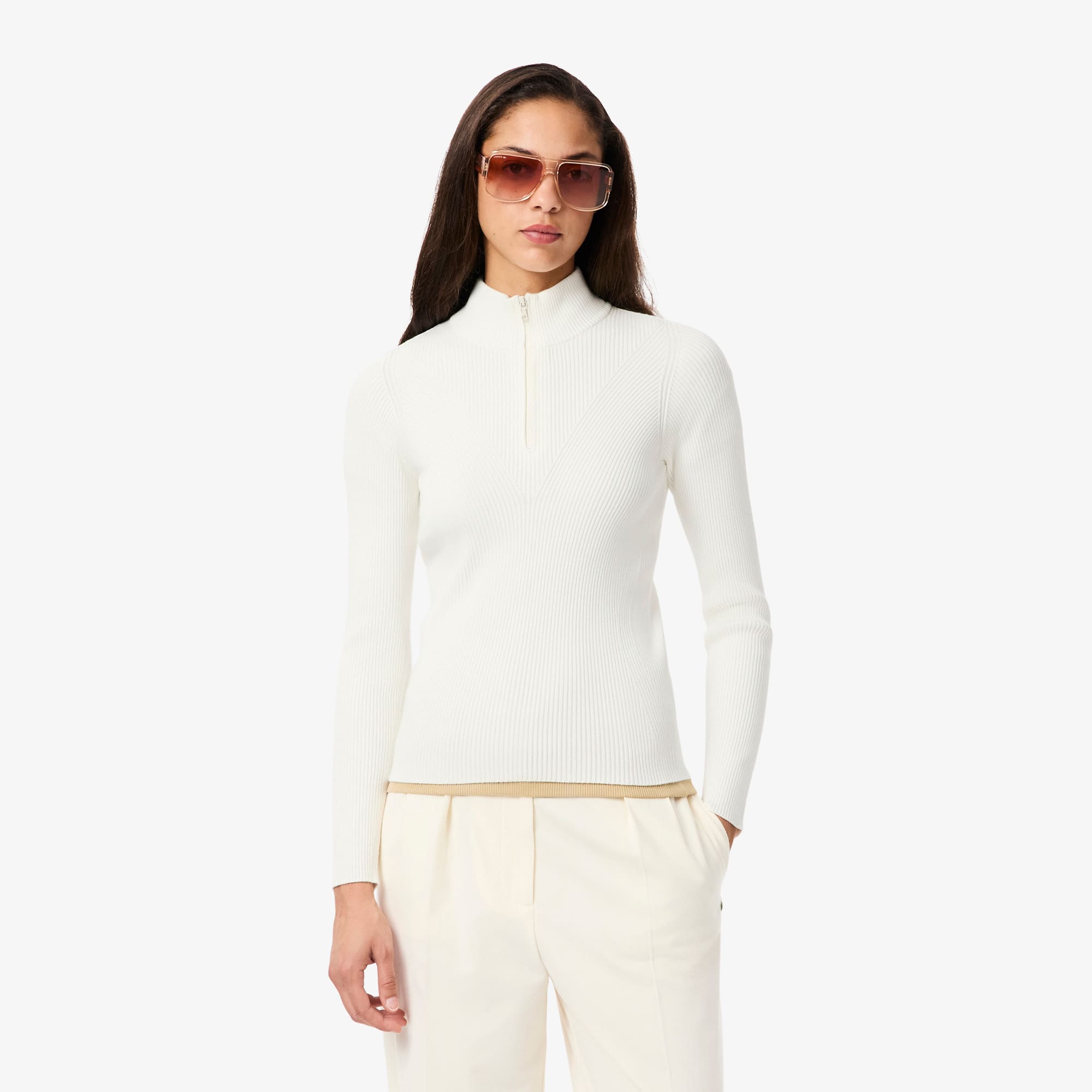 Lacoste Women's High-neck 3d Ribbed Knit Sweater - 36 In White