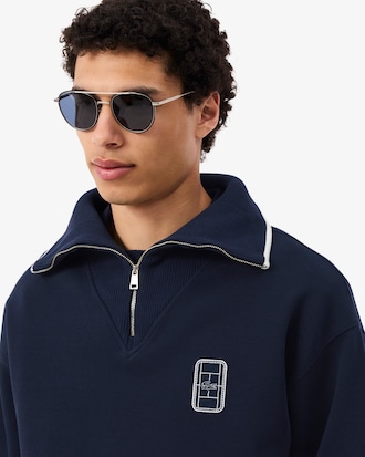 Loose Fit High Zipped Neck Badge Accent Sweatshirt