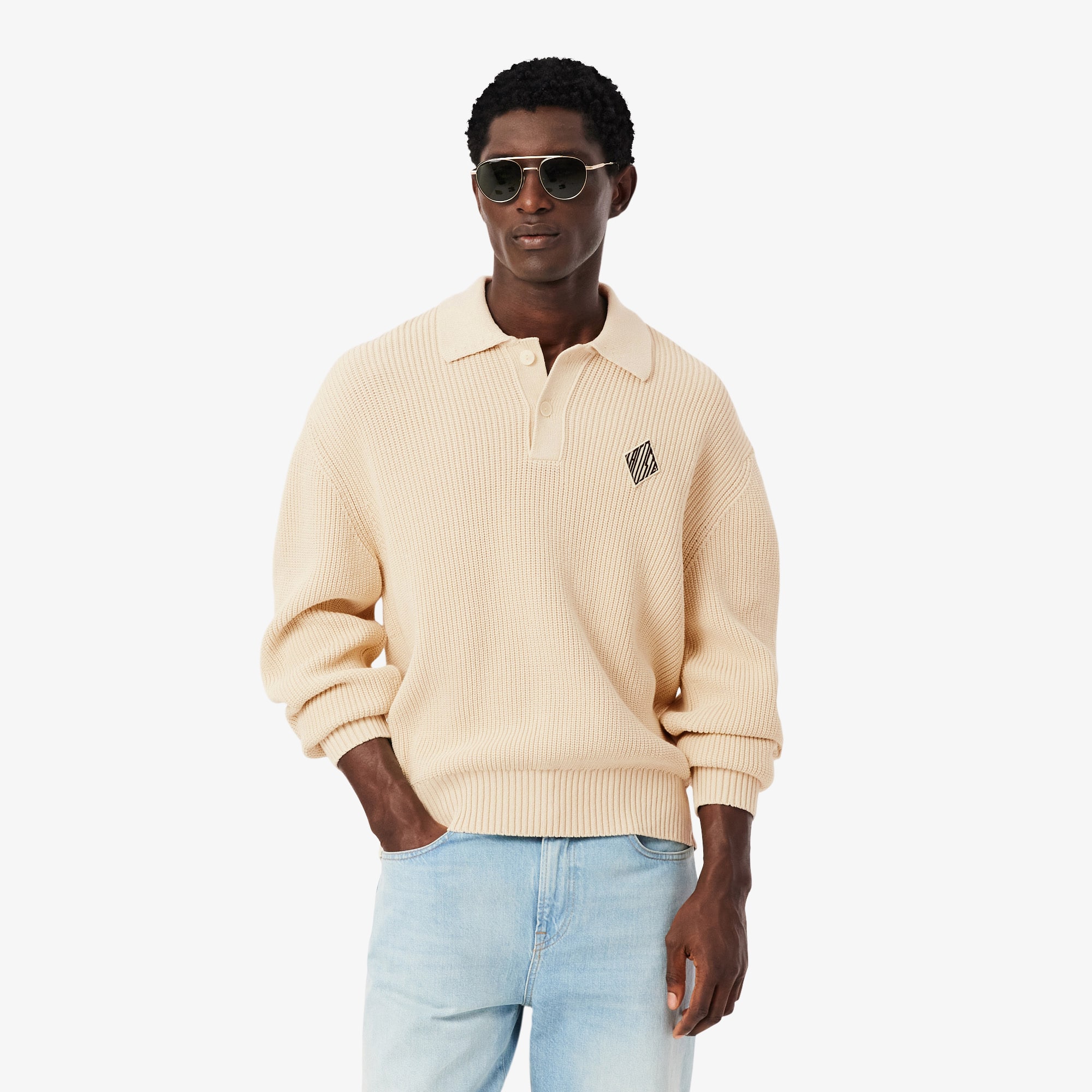 Lacoste Badge Accent Pearl Rib Polo Collar Sweater In Neutral