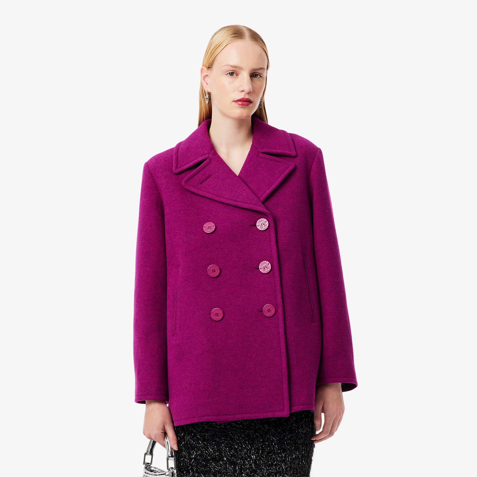 Lacoste Runway Slub Wool Pea Coat - 40 In Purple