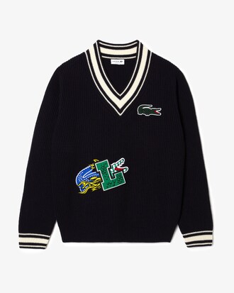 Suet&eacute;r de cuello en V rayado con insignia del c&oacute;mic de vacaciones para hombre