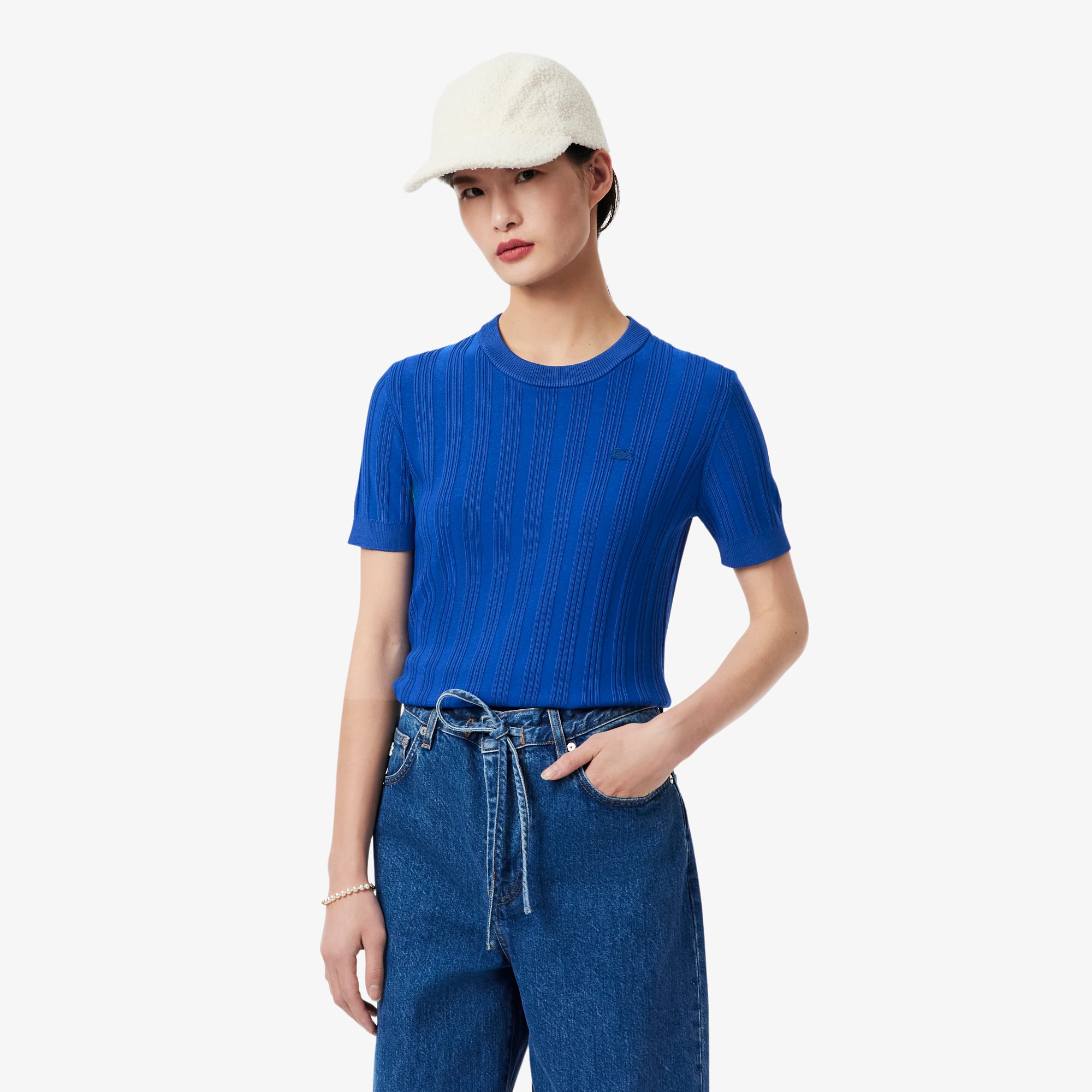Lacoste Women's Short Sleeve Rib Knit Sweater - 32 In Blue
