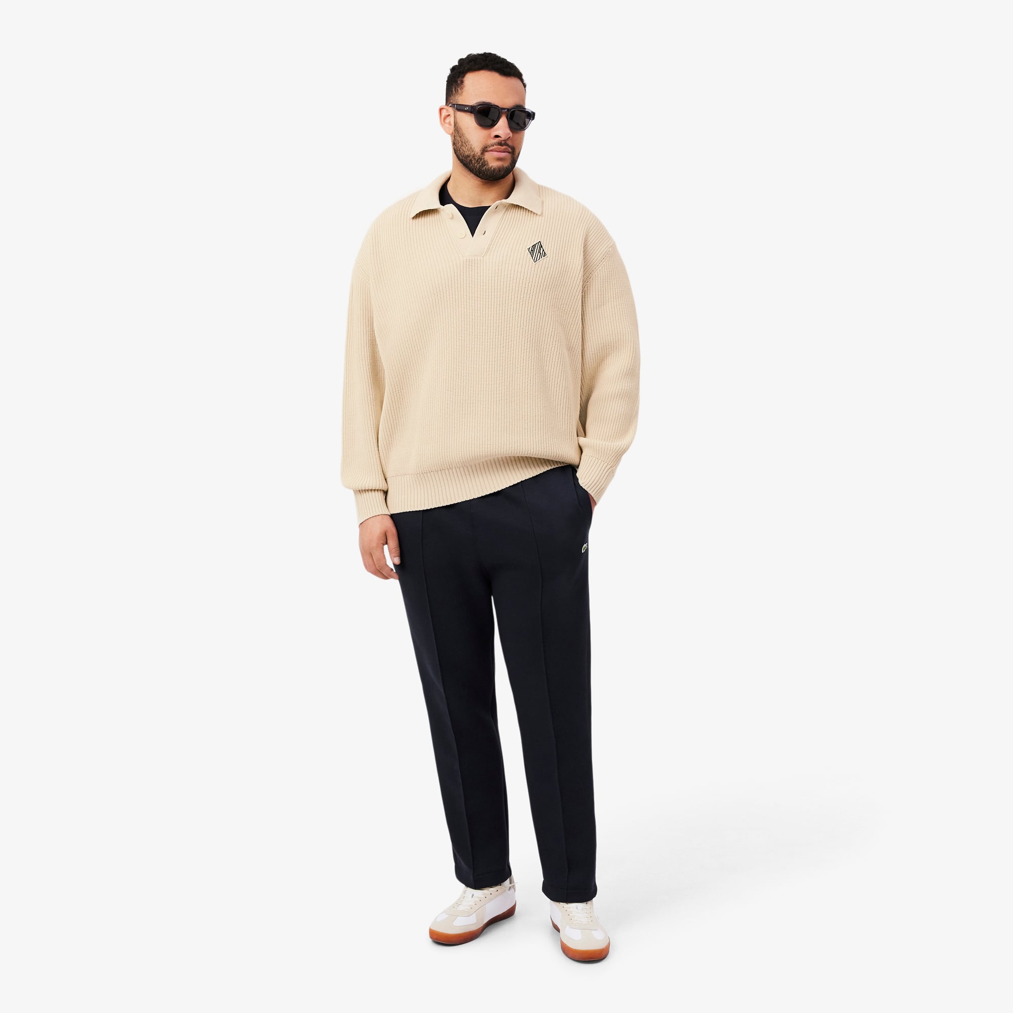 Badge Accent Pearl Rib Polo Collar Sweater - Sweaters