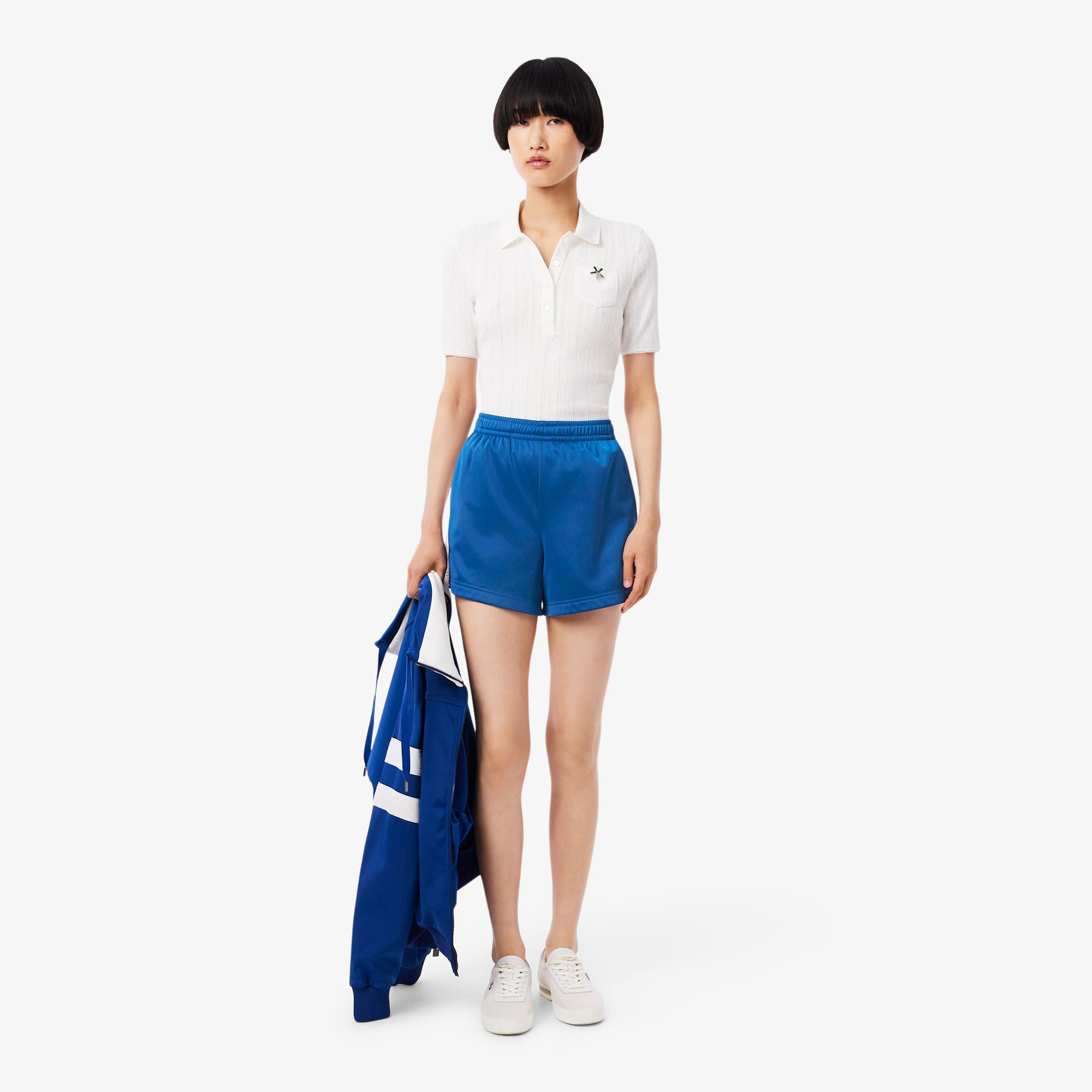 Lacoste Women's Satin Jersey Pointelle Stripe Shorts - 44 In Blue