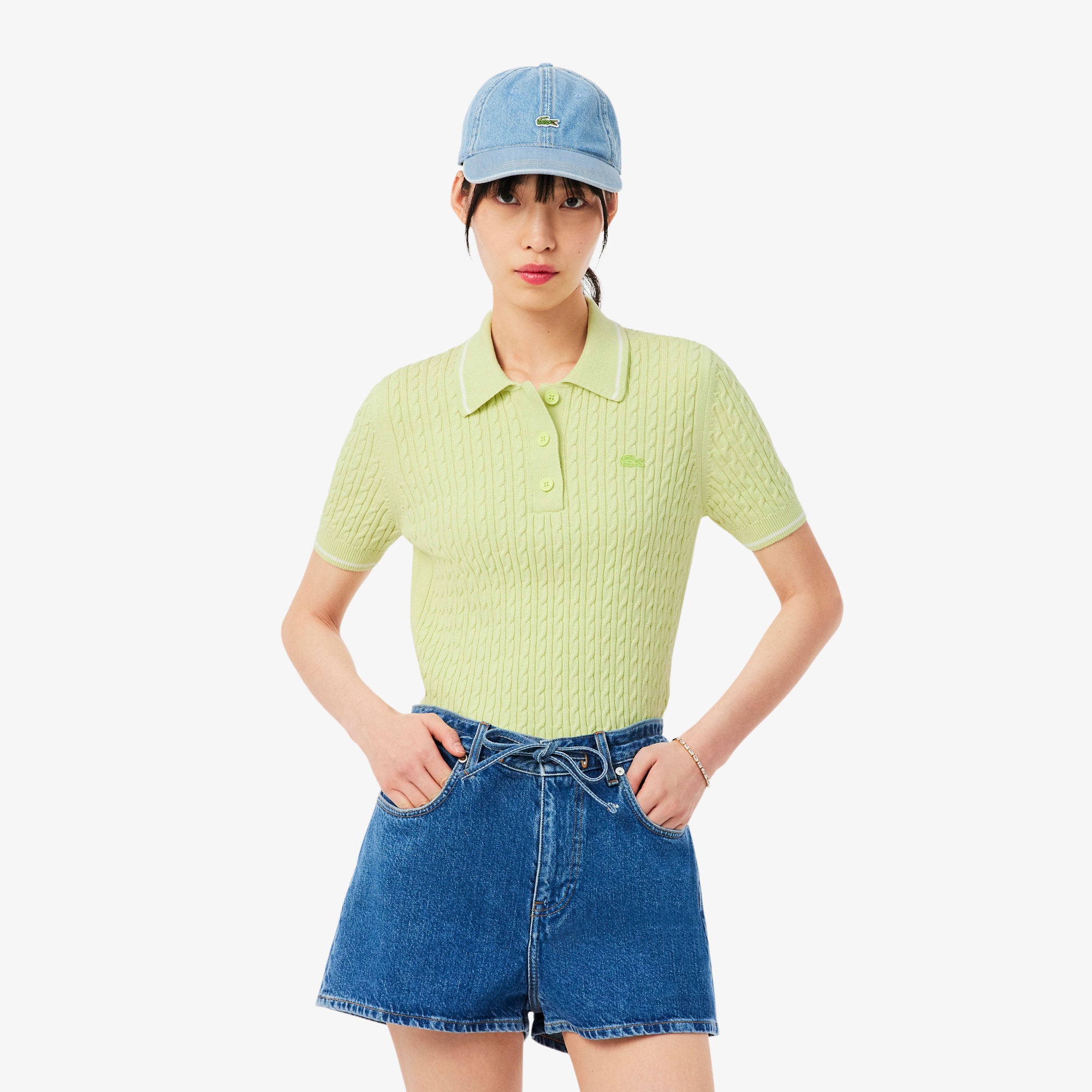 Lacoste Striped Cable Knit Polo Collar Sweater