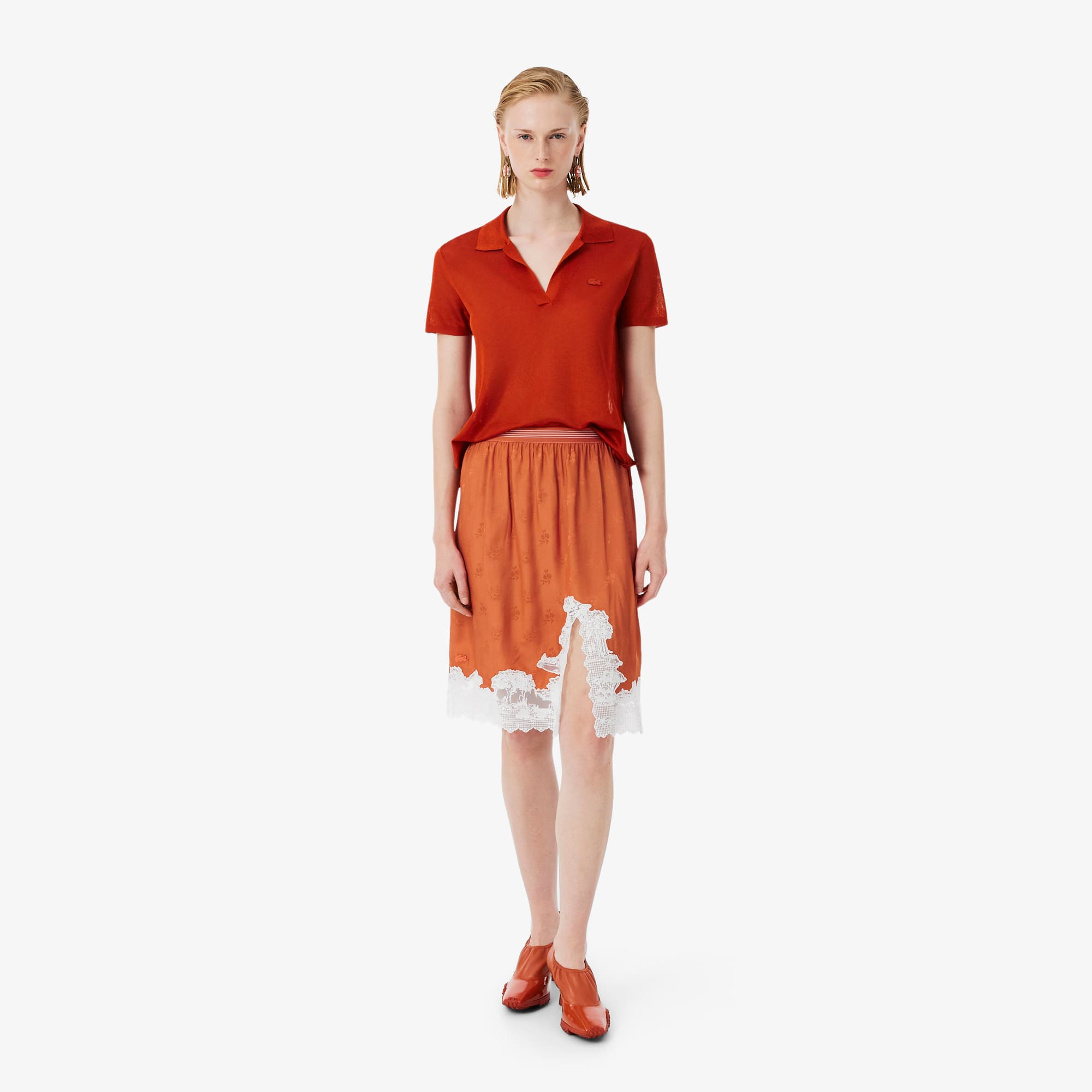 Lacoste Runway Landscape Embroidery Tull Skirt In Orange