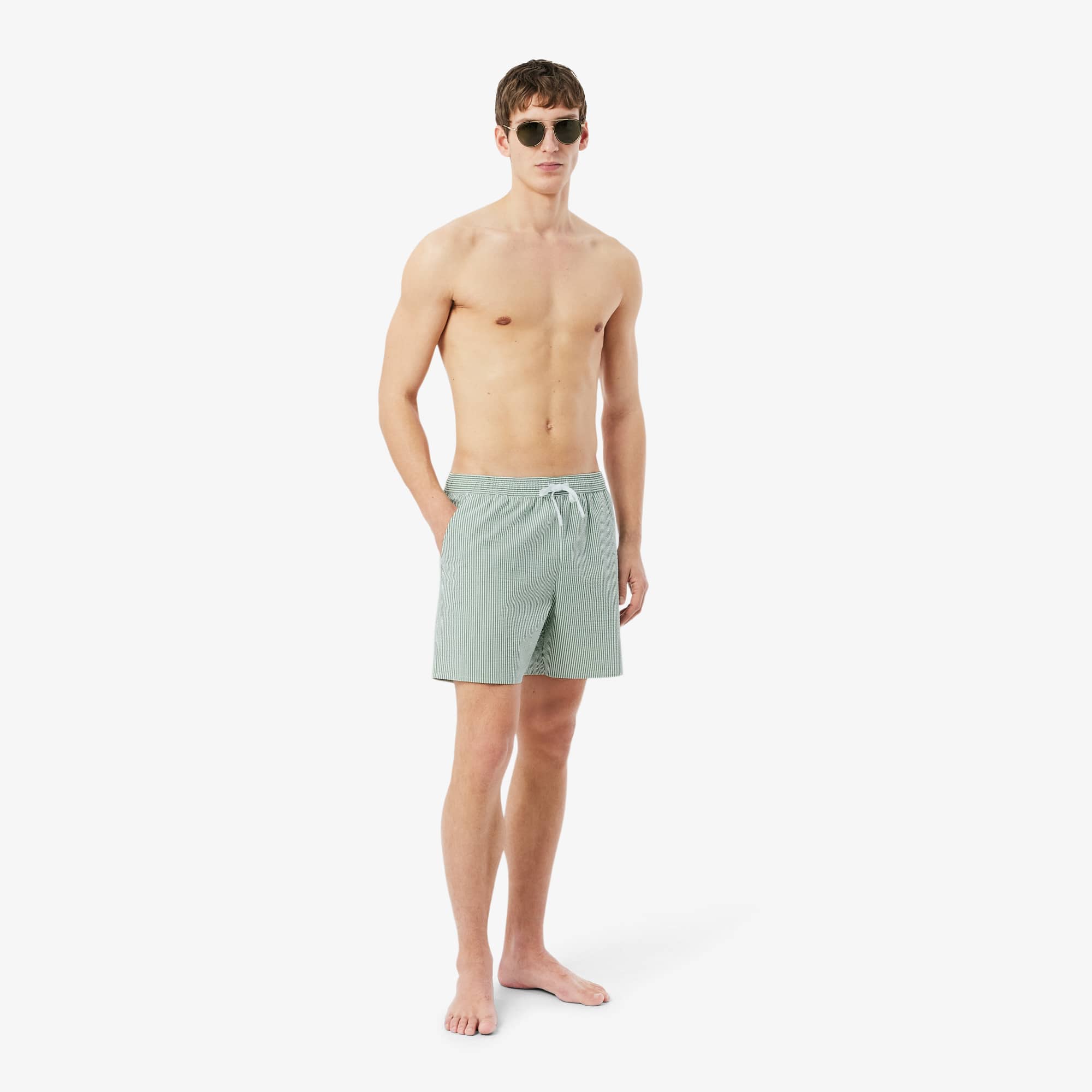 Men's Mid Length Striped Textured Swim Trunks - Shorts & Swim