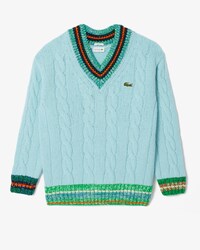 Unisex Loose Fit Cable Knit Wool V-Neck Sweater
