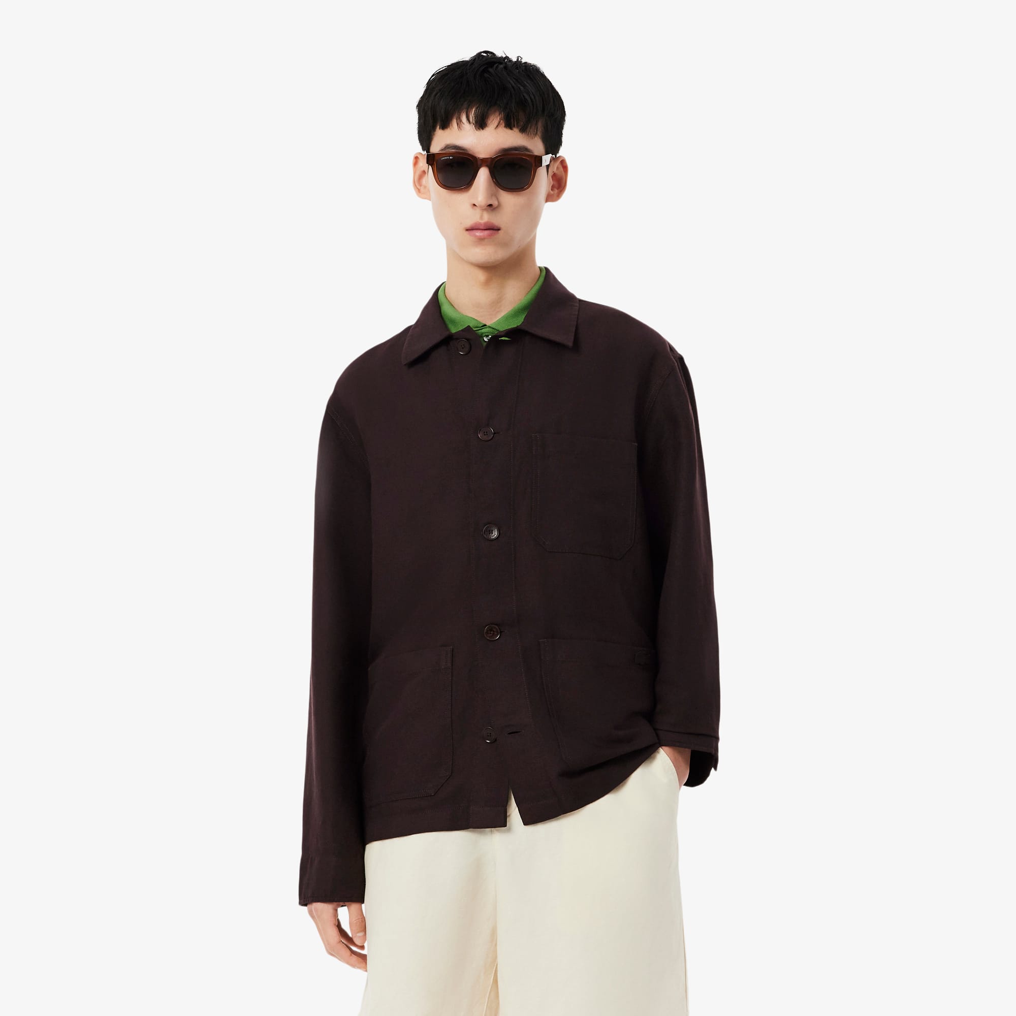 Lacoste Linen Blend Overshirt - 15¾ - 40 In Brown