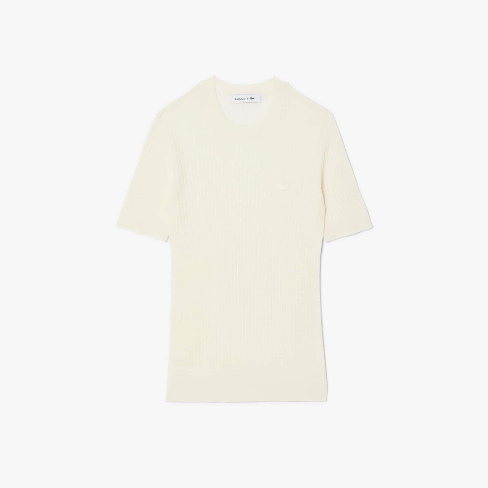 Lacoste Women's Short Sleeve Merino Wool Rib Knit Sweater - 42 In White